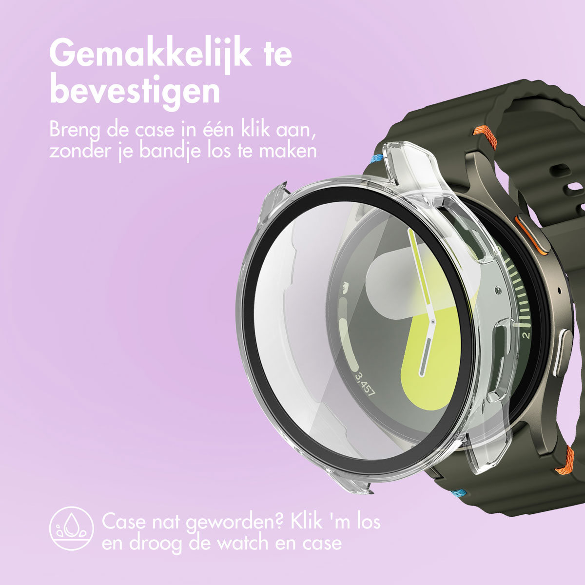Een smartwatch-hoes wordt op een horloge bevestigd. Het is een gemakkelijk te bevestigen hoes.