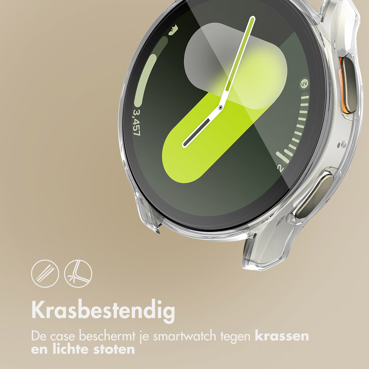 Close-up van een transparante horlogekast. De kast beschermt het scherm, met tekst over krasbestendigheid.