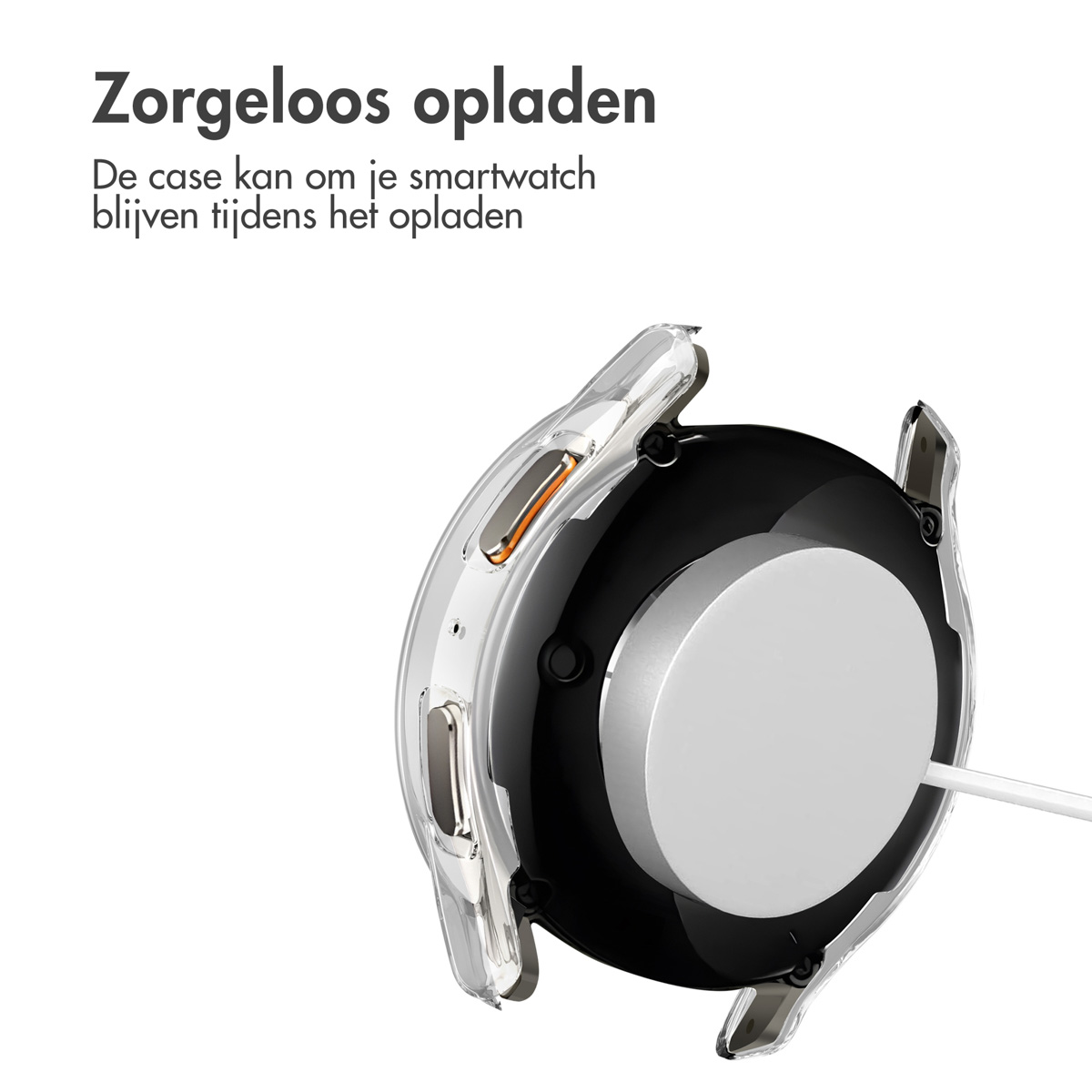 Een transparante smartwatch-hoes met een oplaadstation en een witte kabel wordt weergegeven.
