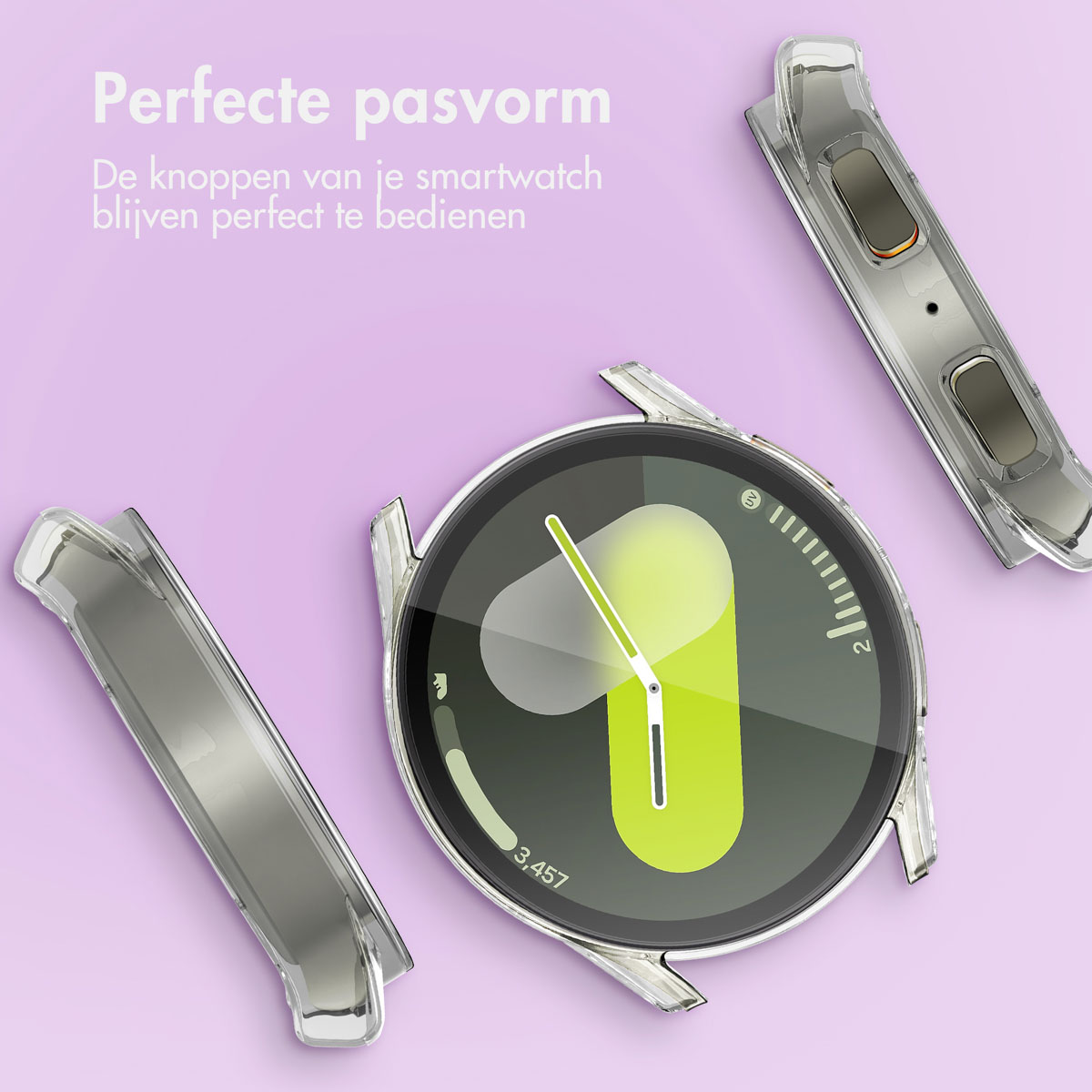 Horloge onderdelen en transparante case. De case-onderdelen worden getoond, met tekst over perfecte pasvorm.