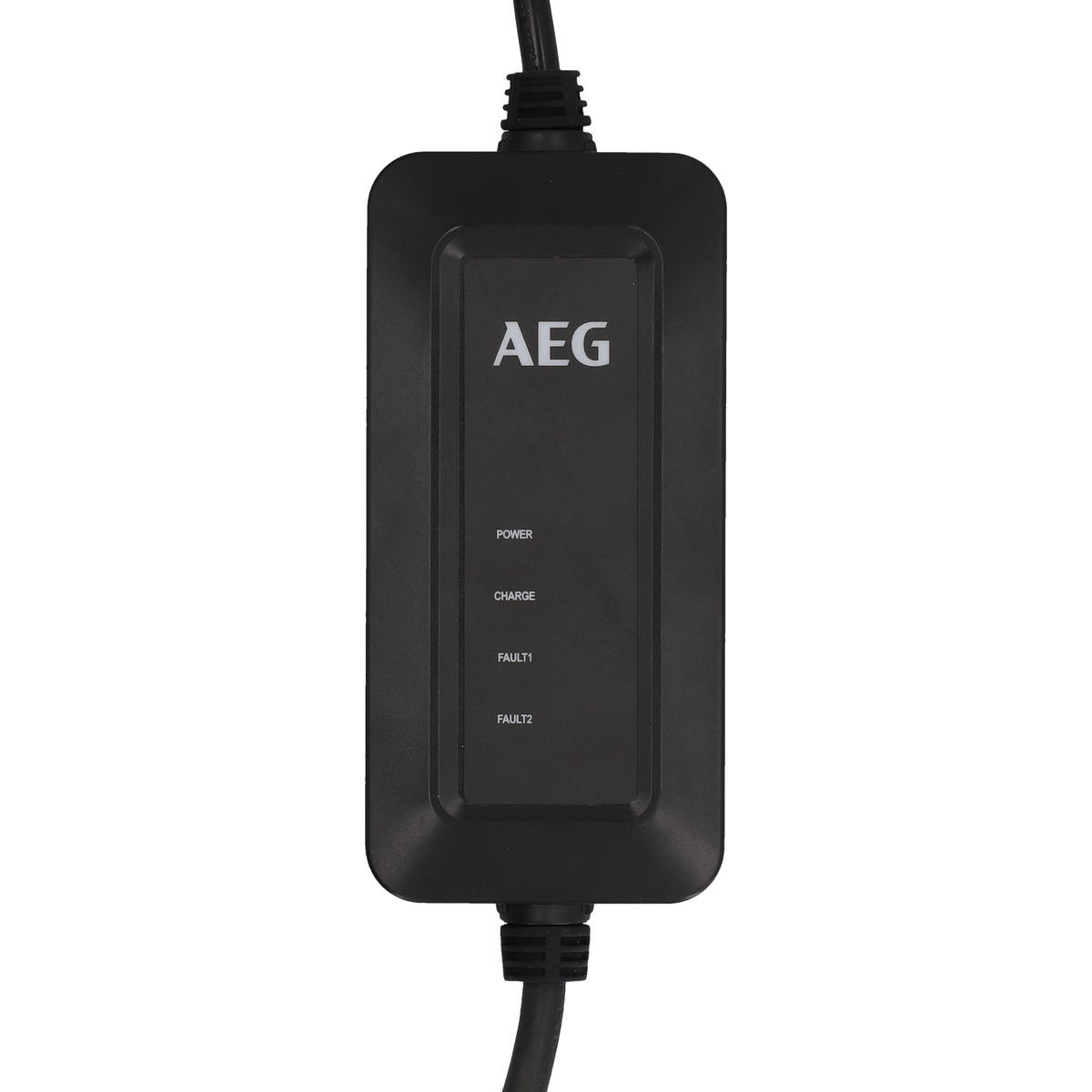 Schwarzer Netzadapter mit schwarzem Kabel. Der Adapter hat das 'AEG'-Logo und Statusleuchten.