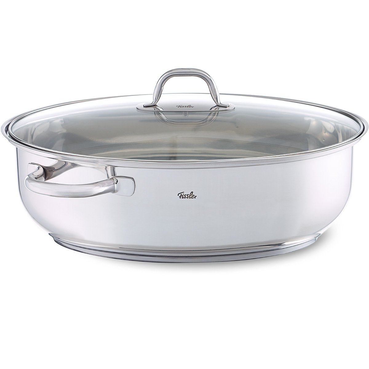Padella in acciaio inox con coperchio trasparente e due manici. Il marchio Fissler è visibile.
