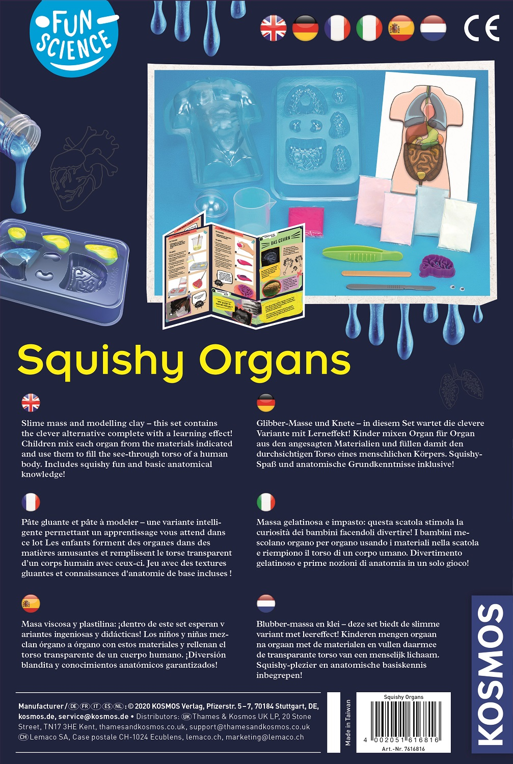 Rückseite der Squishy Organs Box, mit Anweisungen, anatomischen Modellen und einer Abbildung der menschlichen Organe.