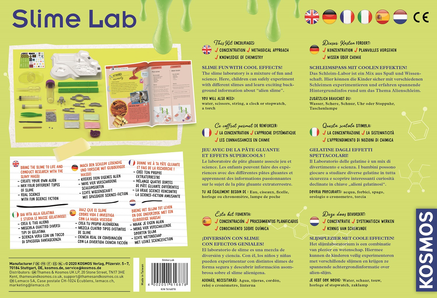 Caja del kit Slime Lab con instrucciones y varias herramientas, incluyendo agua, tijeras y un cronómetro.