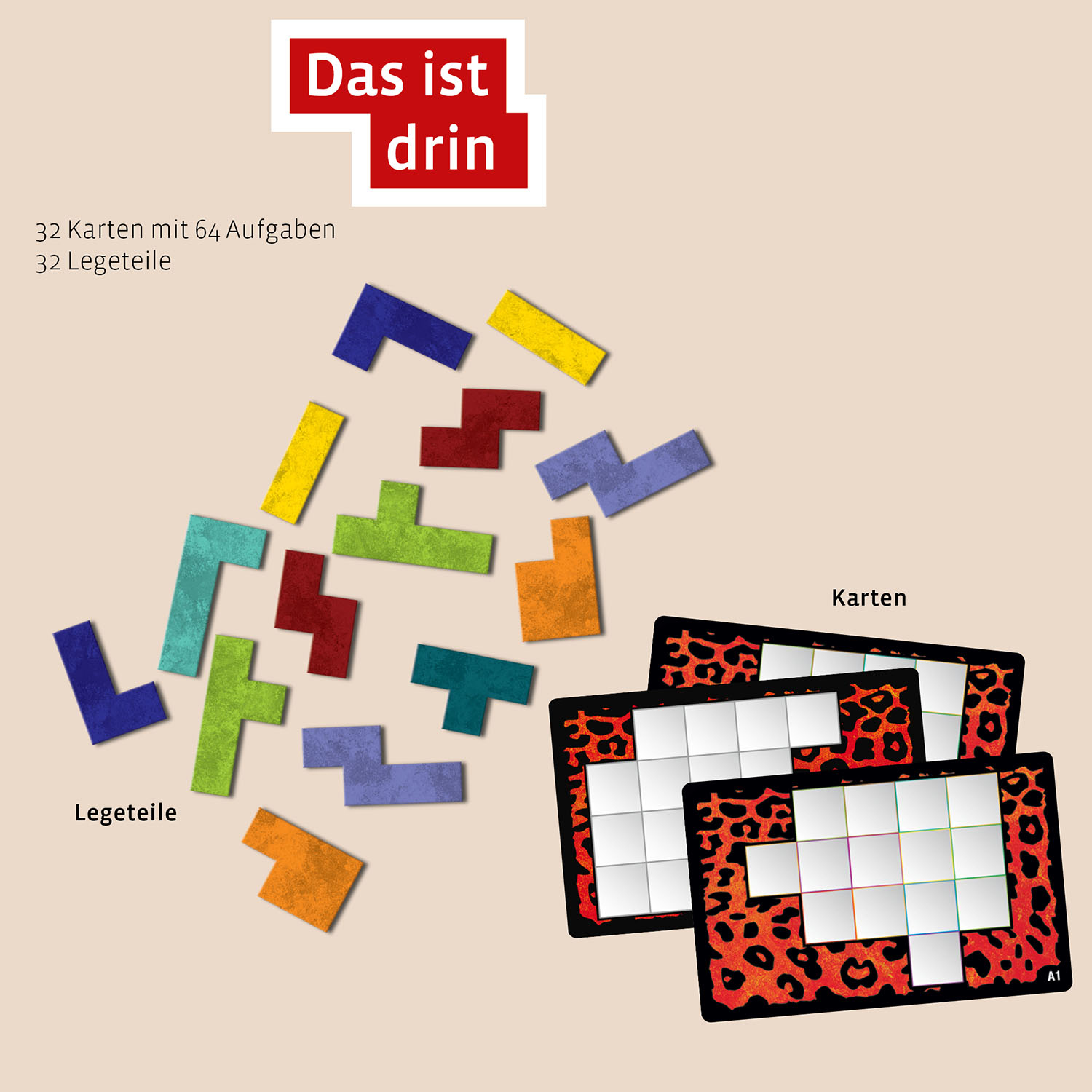 Puzzle con forme colorate e carte su una superficie marrone chiaro.