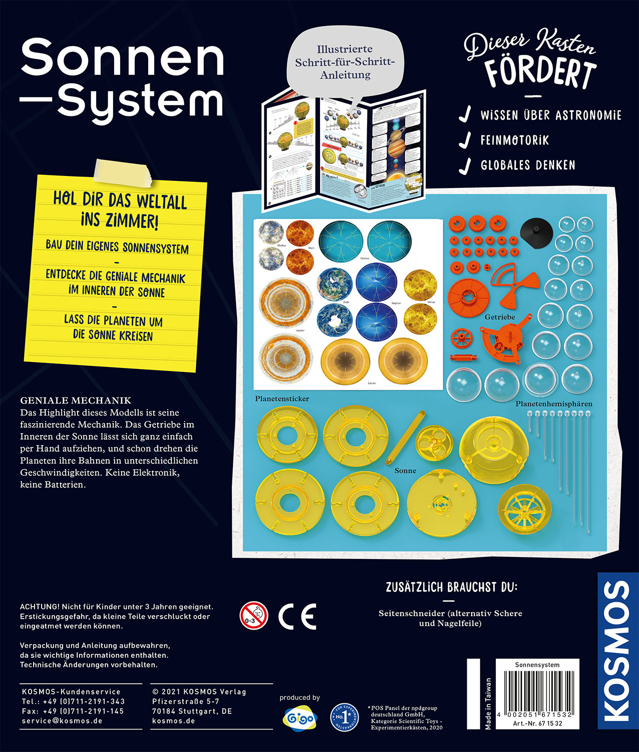 Eine Kosmos-Box mit dem Titel 'Sonnen-System' zeigt einen Sonnensystem-Bausatz mit Anweisungen.