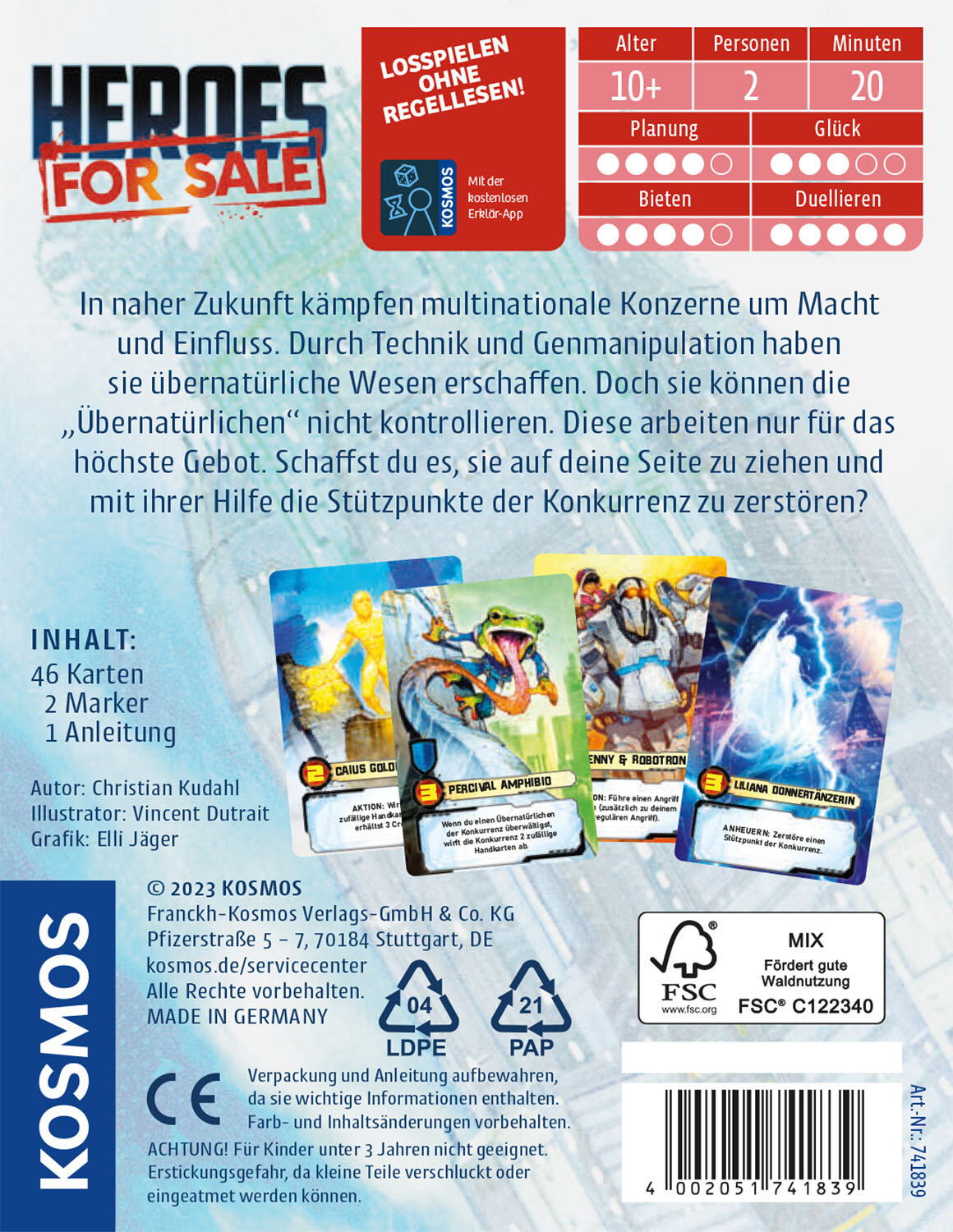 Eine Kosmos-Spielbox zeigt ein Spiel namens 'Heroes For Sale' mit Illustrationen von Superhelden und Karten.