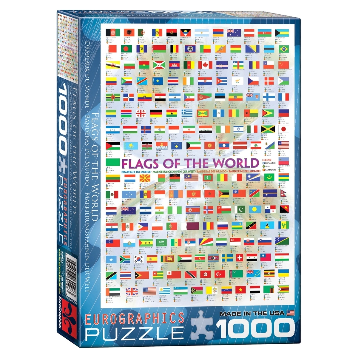 Pudełko z puzzlami z flagami świata.