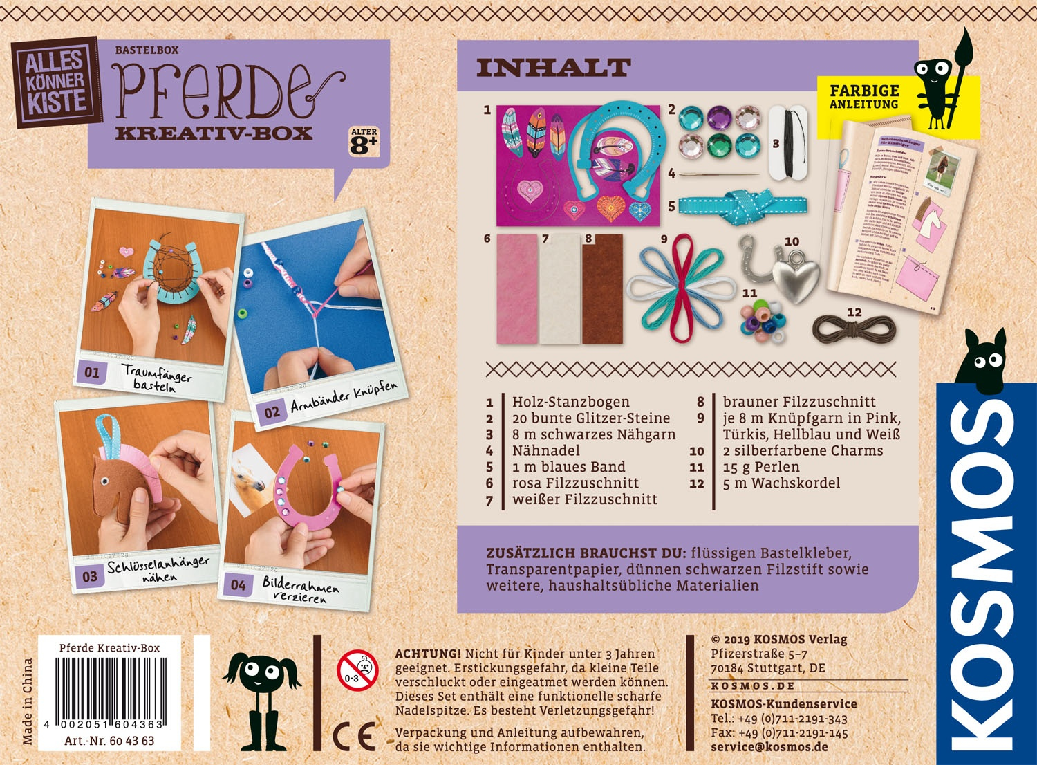 Kit creativo a tema cavallo. Include materiali e istruzioni per lavori creativi.