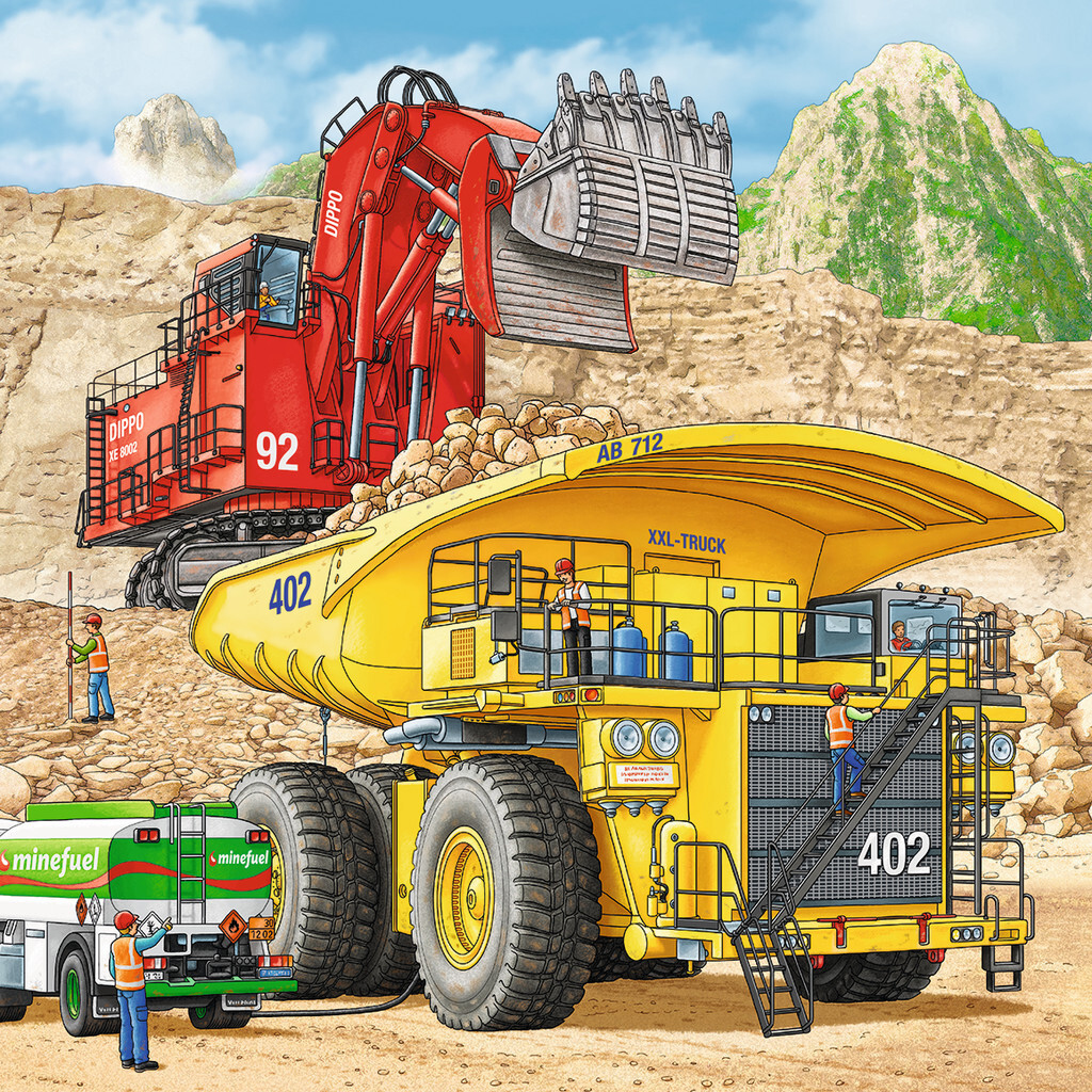 Immagine di un grande escavatore minerario che carica un camion giallo.