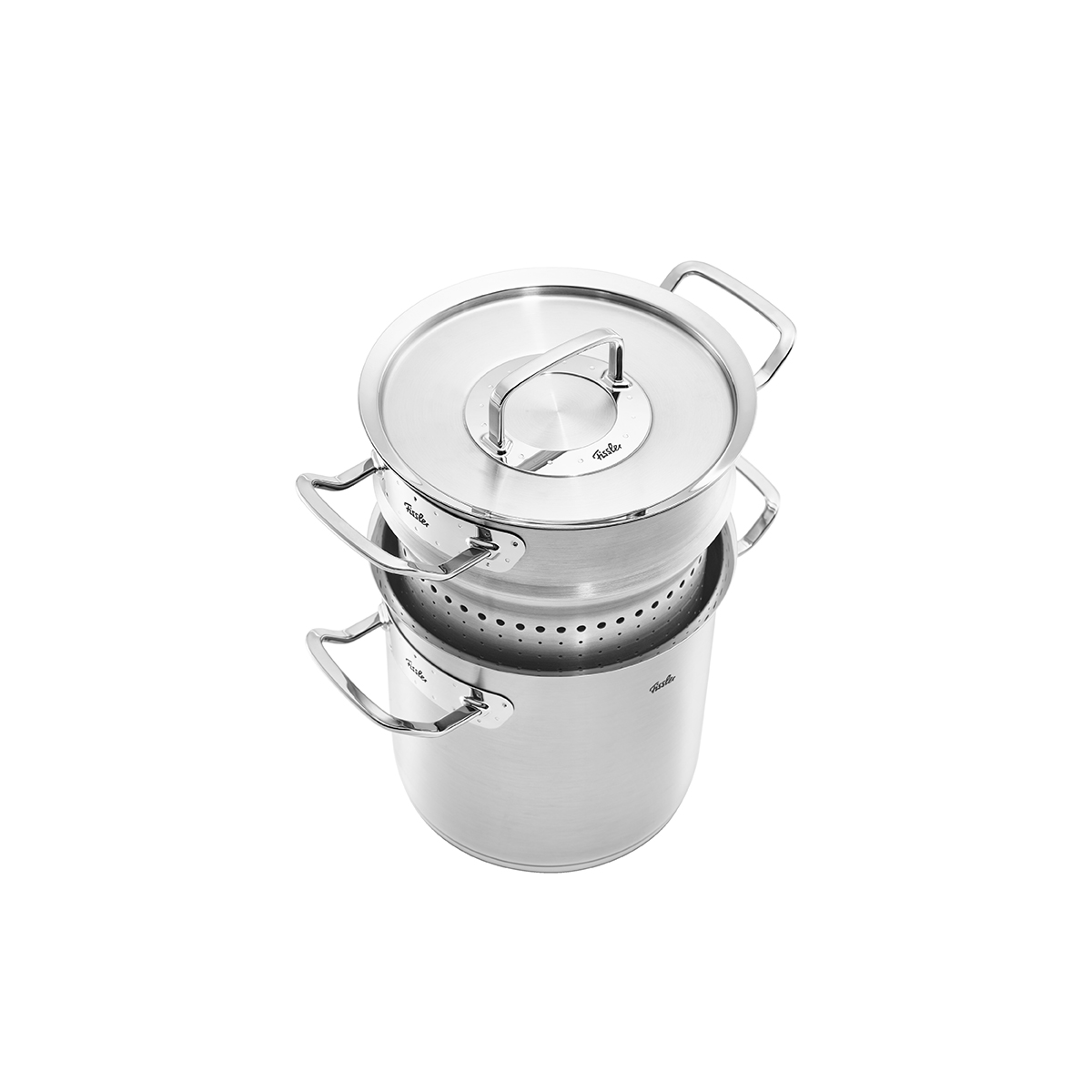Pentola in acciaio inox con inserto vapore su sfondo bianco.