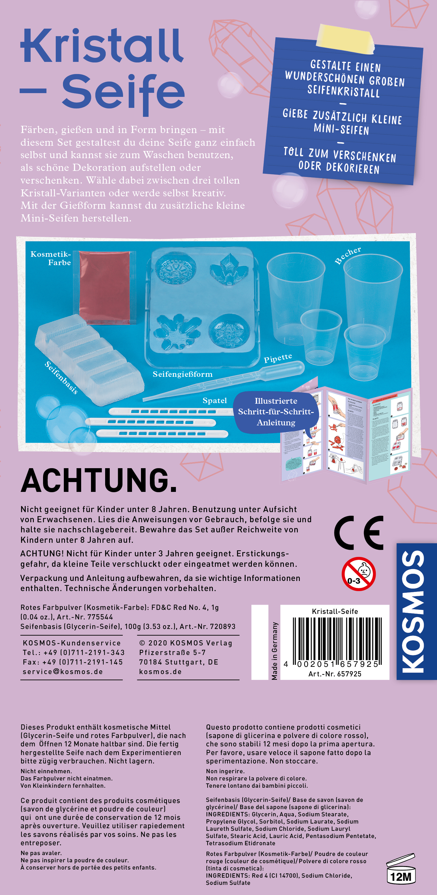 Eine Box mit Seifenherstellungsutensilien. Die Box hat Bilder von Seife, Bechern und Formen. Der Text ist auf Deutsch.