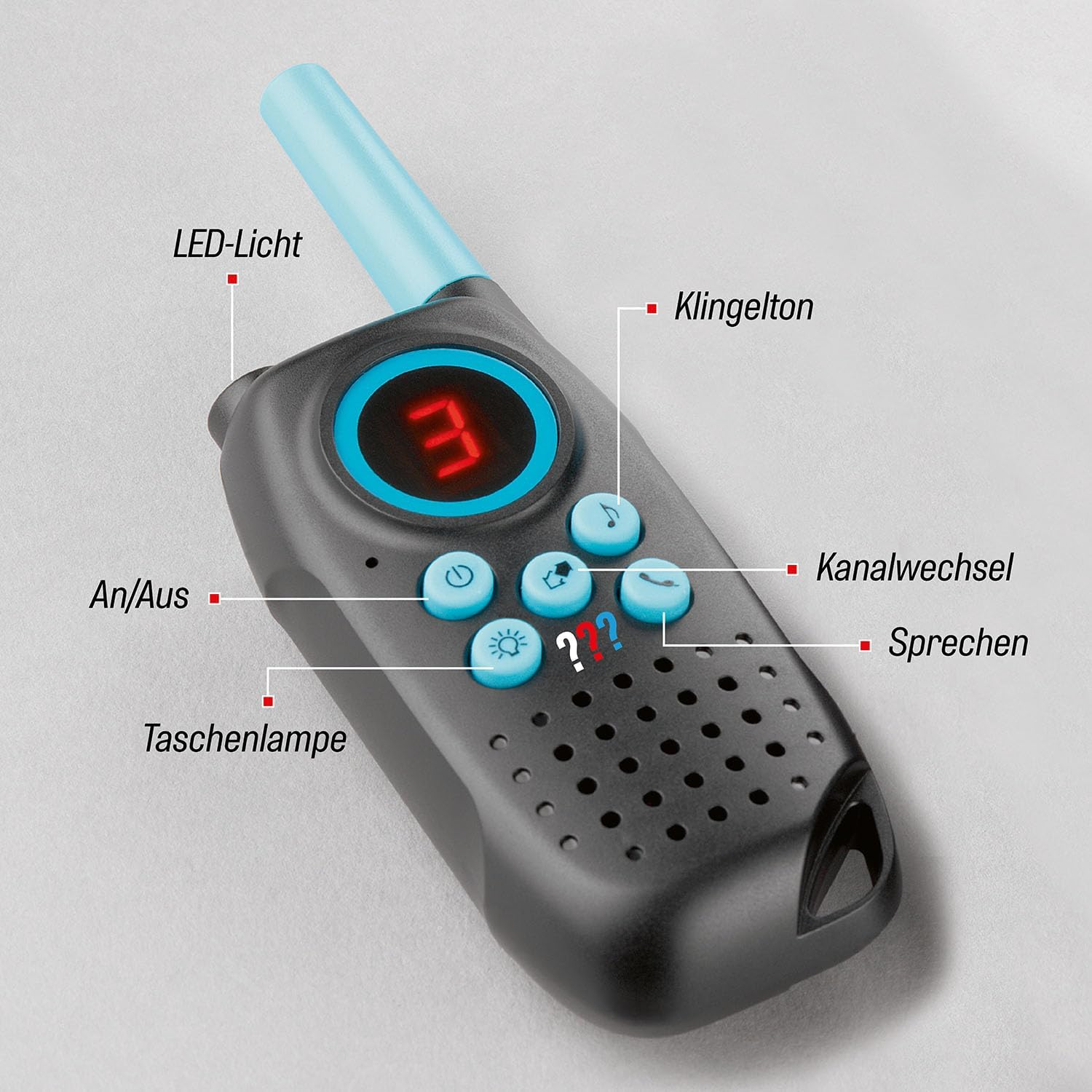 Ein schwarz-blaues Spielzeug-Walkie-Talkie, Knöpfe und Beschriftungen. Es hat eine LED-Leuchte und einen Lautsprecher.