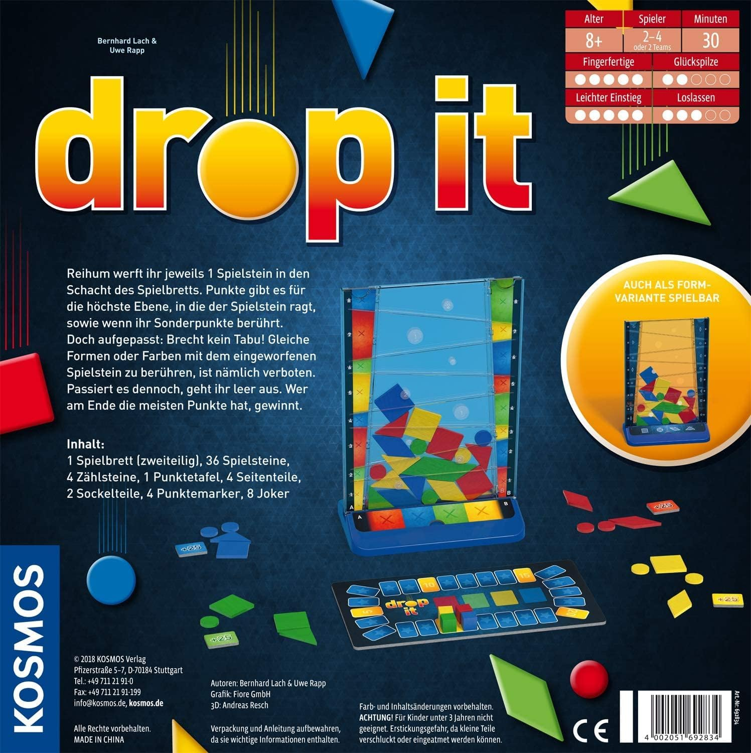 Eine Brettspielbox. Das Spiel heißt "drop it". Es zeigt ein blaues Spielbrett und bunte Formen.