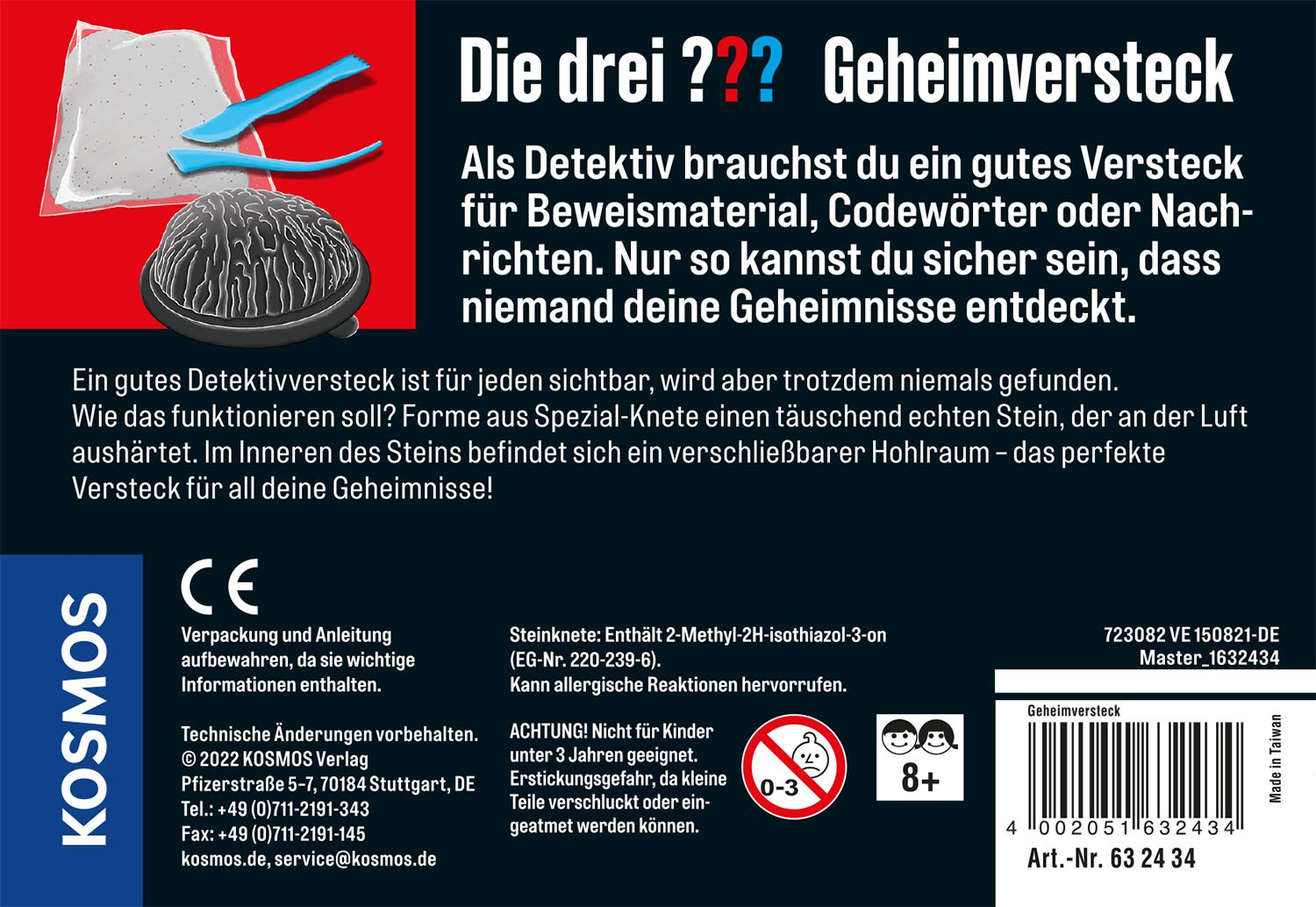 Die Rückseite einer Puzzledose. Text und Bilder zeigen die Schritte zur Herstellung eines Detektivverstecks.