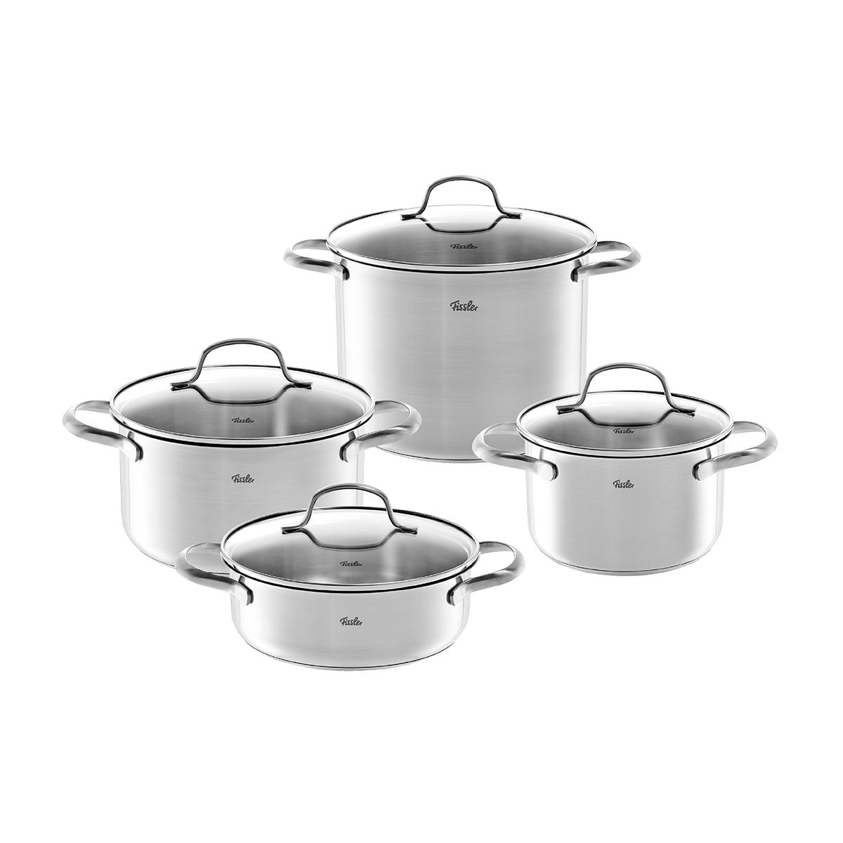 Set di pentole in acciaio inox con coperchi in vetro. Varie misure su sfondo bianco.