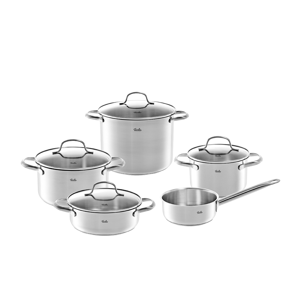 Set di pentole in acciaio inox con coperchi in vetro e una pentola con manico.