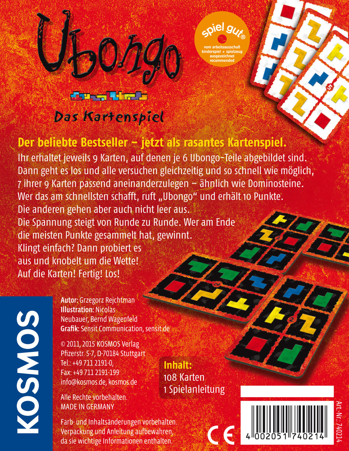 Schachtel des Ubongo-Kartenspiels. Karten mit Formen, das Spiel dreht sich darum, Formen zusammenzufügen.