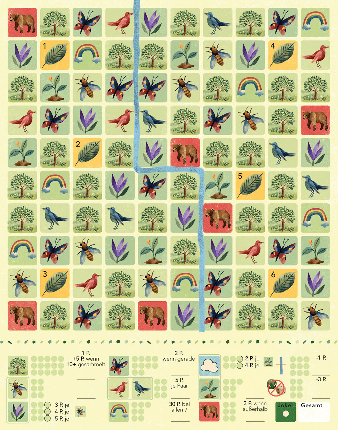 Ein Brettspiel mit farbigen Quadraten, Pfaden und Symbolen. Das Spiel ist ein Strategiespiel.