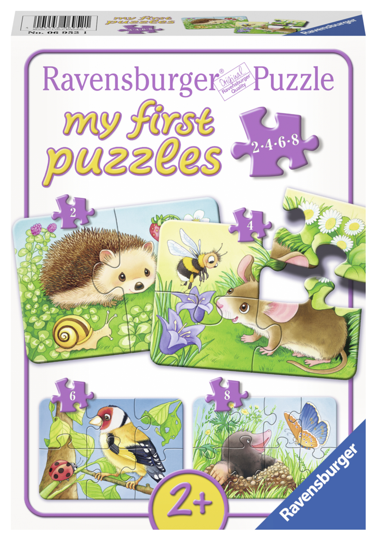 Scatola di puzzle con animali dei cartoni animati. Riccio, ape, topo, uccello. Giocattolo educativo.