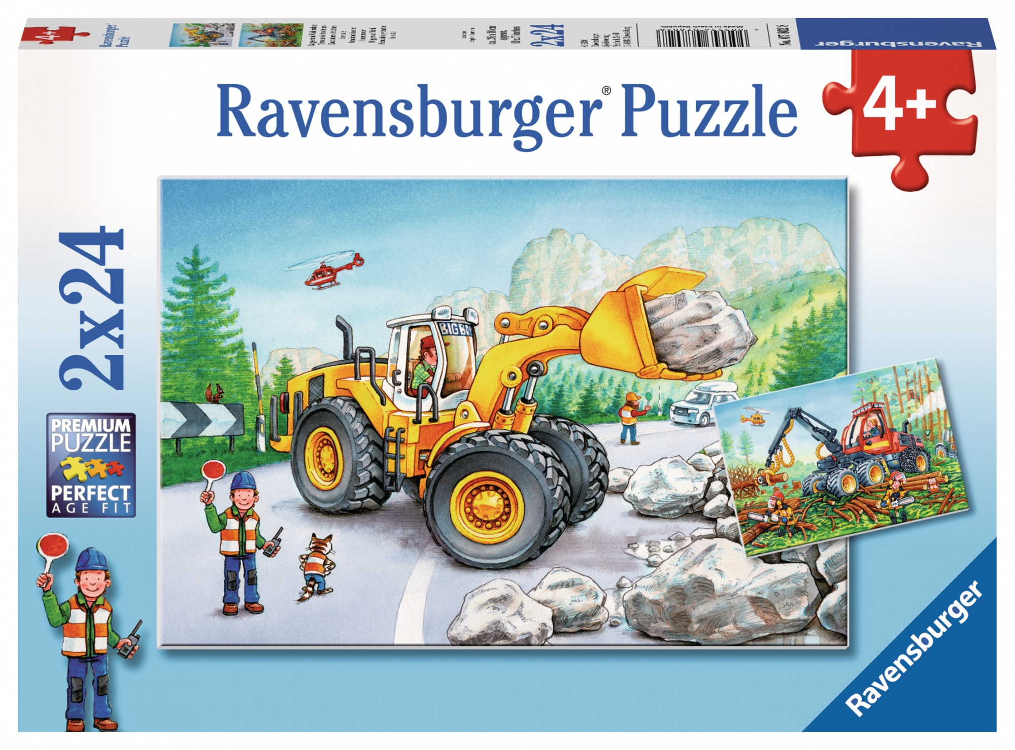 Scatola di puzzle con una scena di costruzione. Escavatore giallo, operai e una piccola immagine del puzzle.