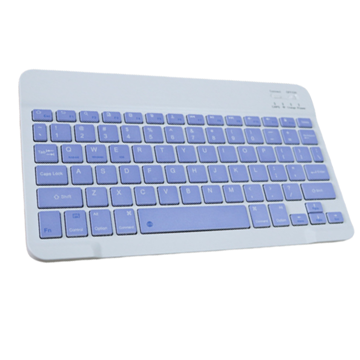 Eine kleine weiße Tastatur mit blauen Tasten. Die Tasten haben weiße Buchstaben und Zahlen.