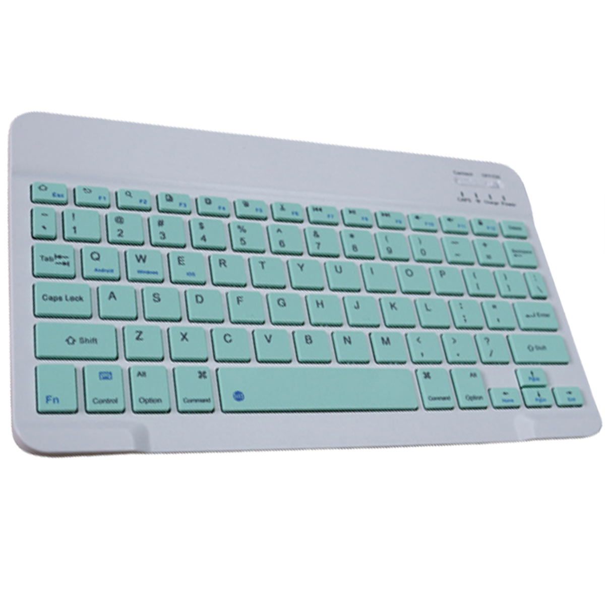 Eine weiße Tastatur mit dunkel türkisfarbenen Tasten. Die Tasten sind in einem Standardlayout.