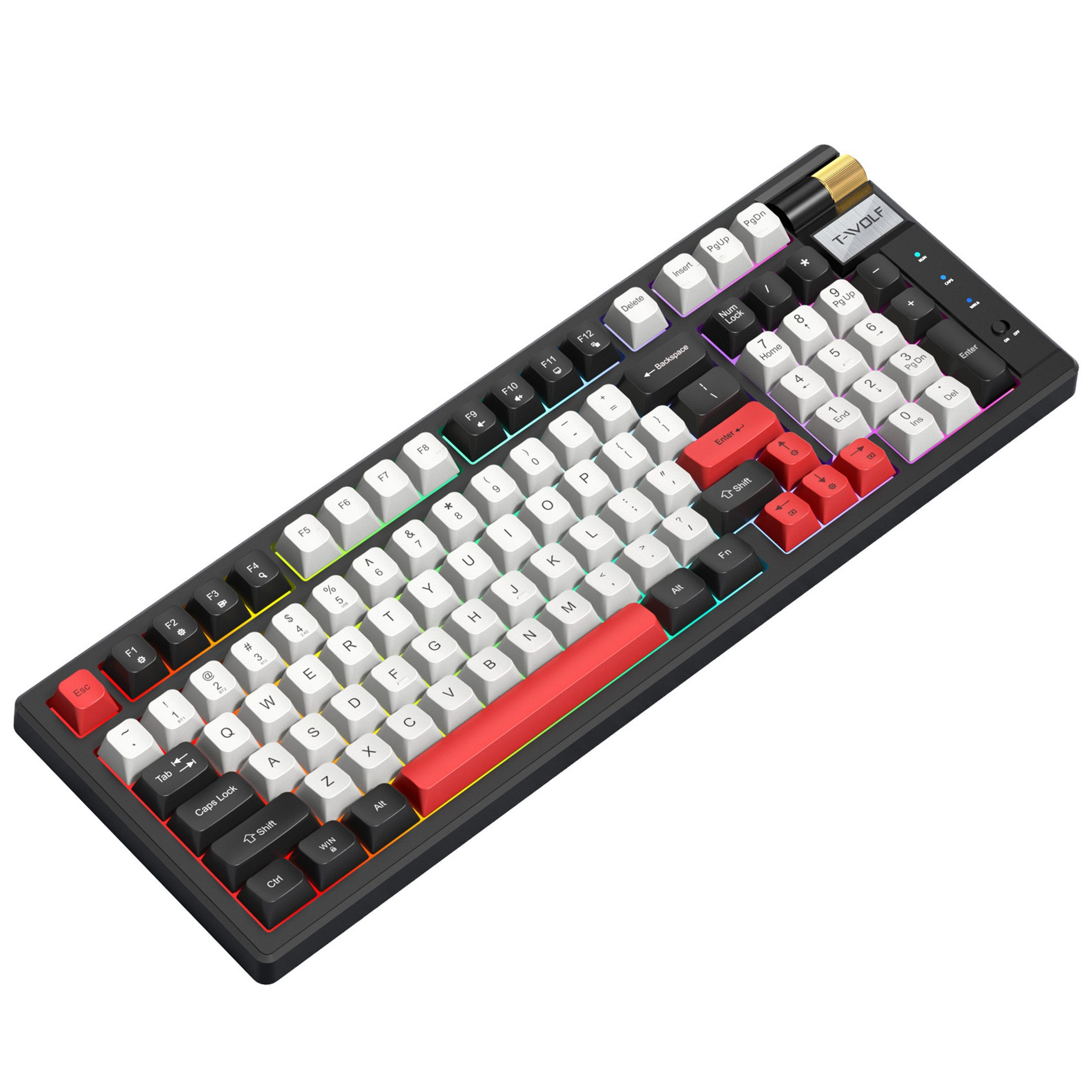 Eine schwarz-weiße Tastatur mit roten Tasten. Die Tasten sind schwarz, weiß und rot.