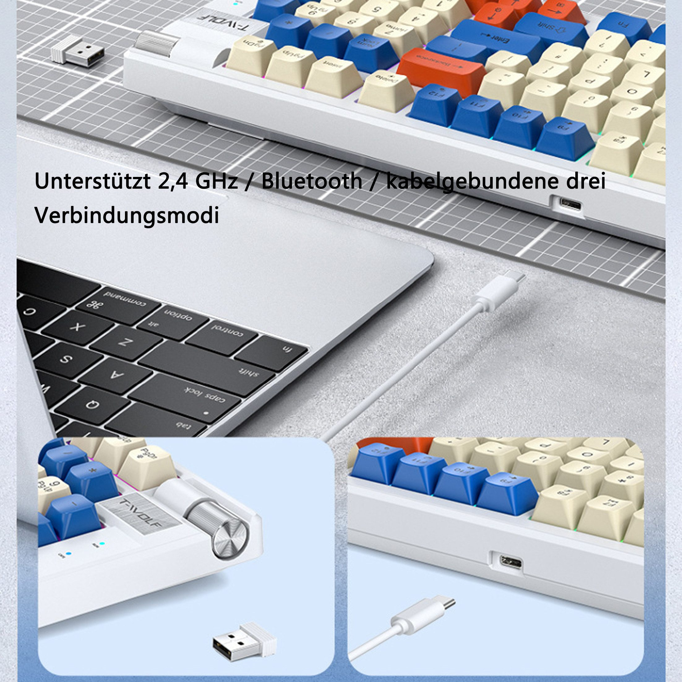 Tastatur mit USB-Anschluss und Funkempfänger, mit Bluetooth- und Kabeloptionen.