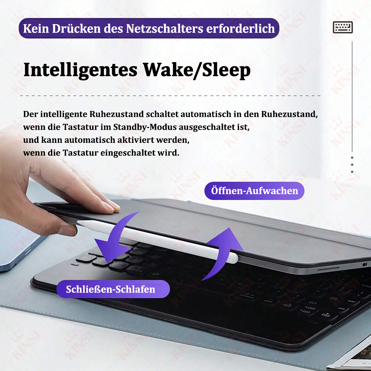 Zbliżenie tabletu z klawiaturą. Klawiatura jest czarna, a tablet szary.