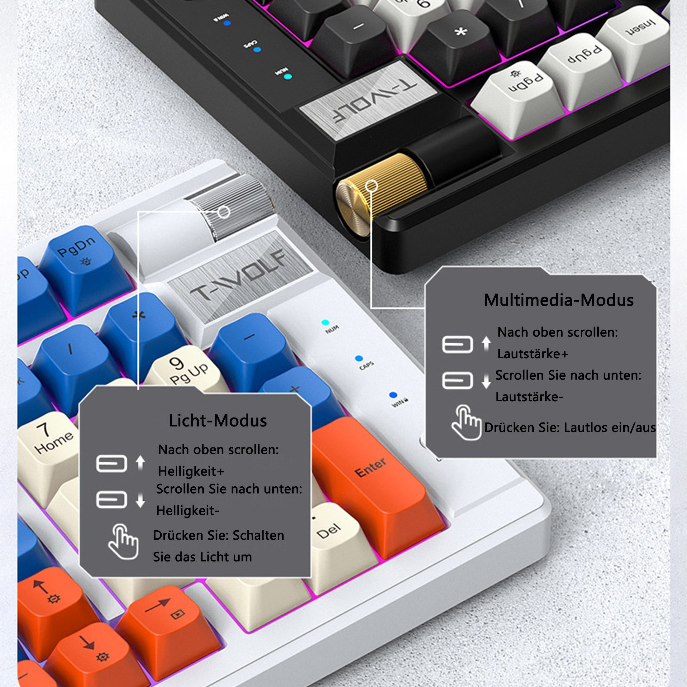 Tastatur mit Nahaufnahme der Tasten und Schalter. Einige Tasten sind abnehmbar.