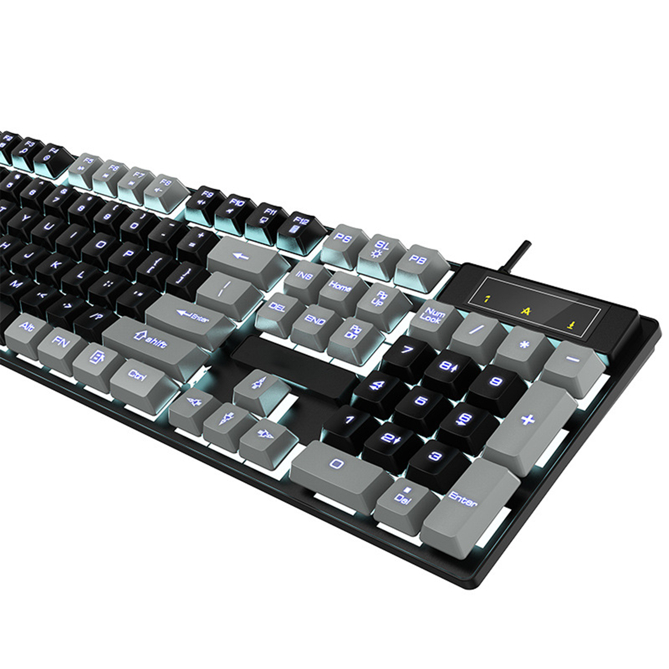 Eine schwarz-graue Tastatur mit weißen, hintergrundbeleuchteten Tasten. Die Tasten sind schwarz und grau mit weißer Beschriftung.