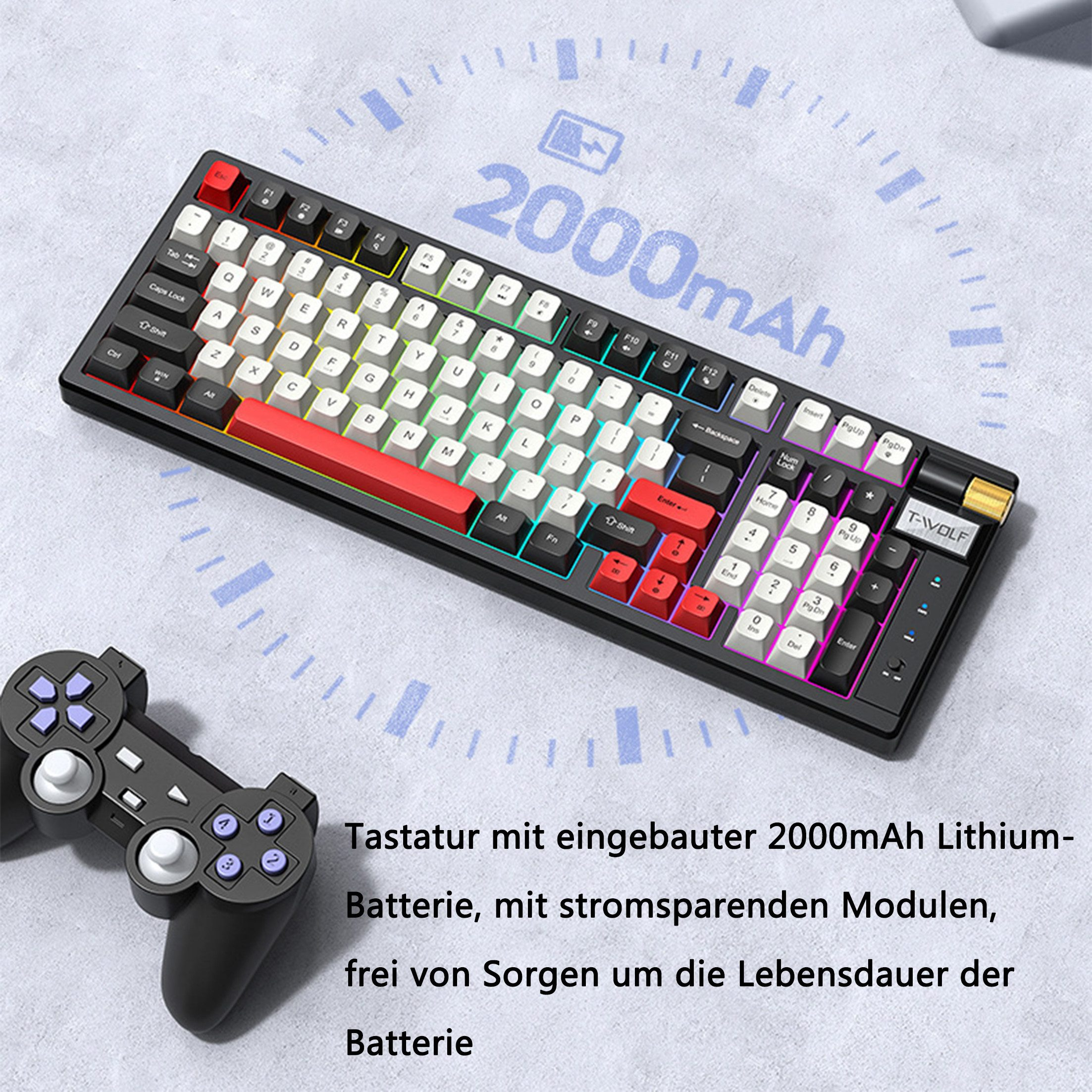 Schwarze Tastatur mit bunten Tasten und ein Gamecontroller daneben. Hintergrund ist Batterie.