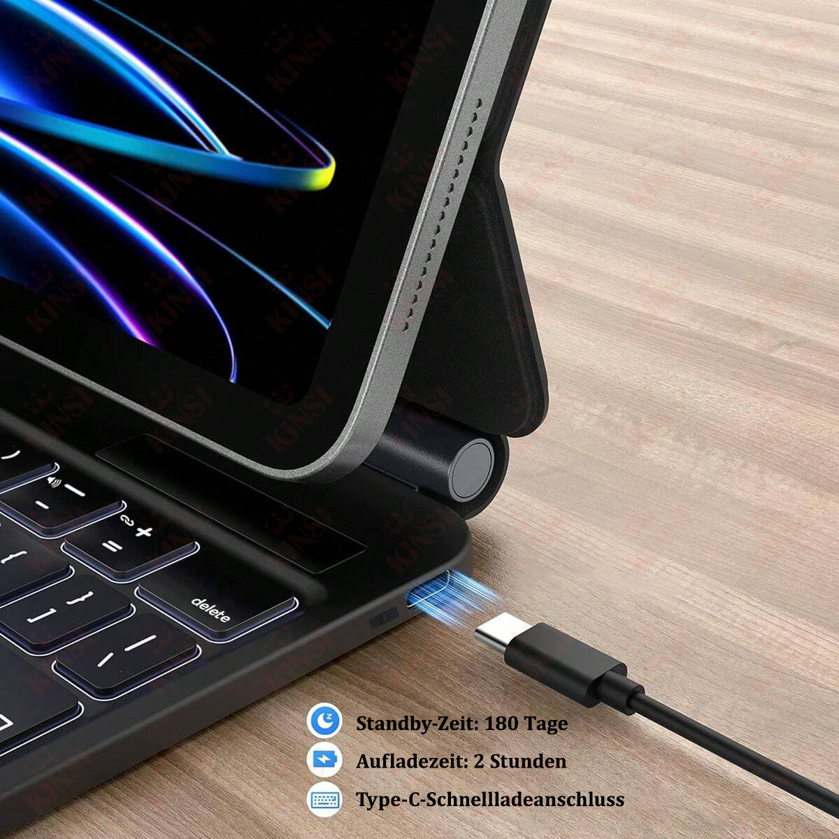 Tablet z dołączoną klawiaturą, podłączony przez USB-C. Czas czuwania: 180 dni. Czas ładowania: 2 godziny.