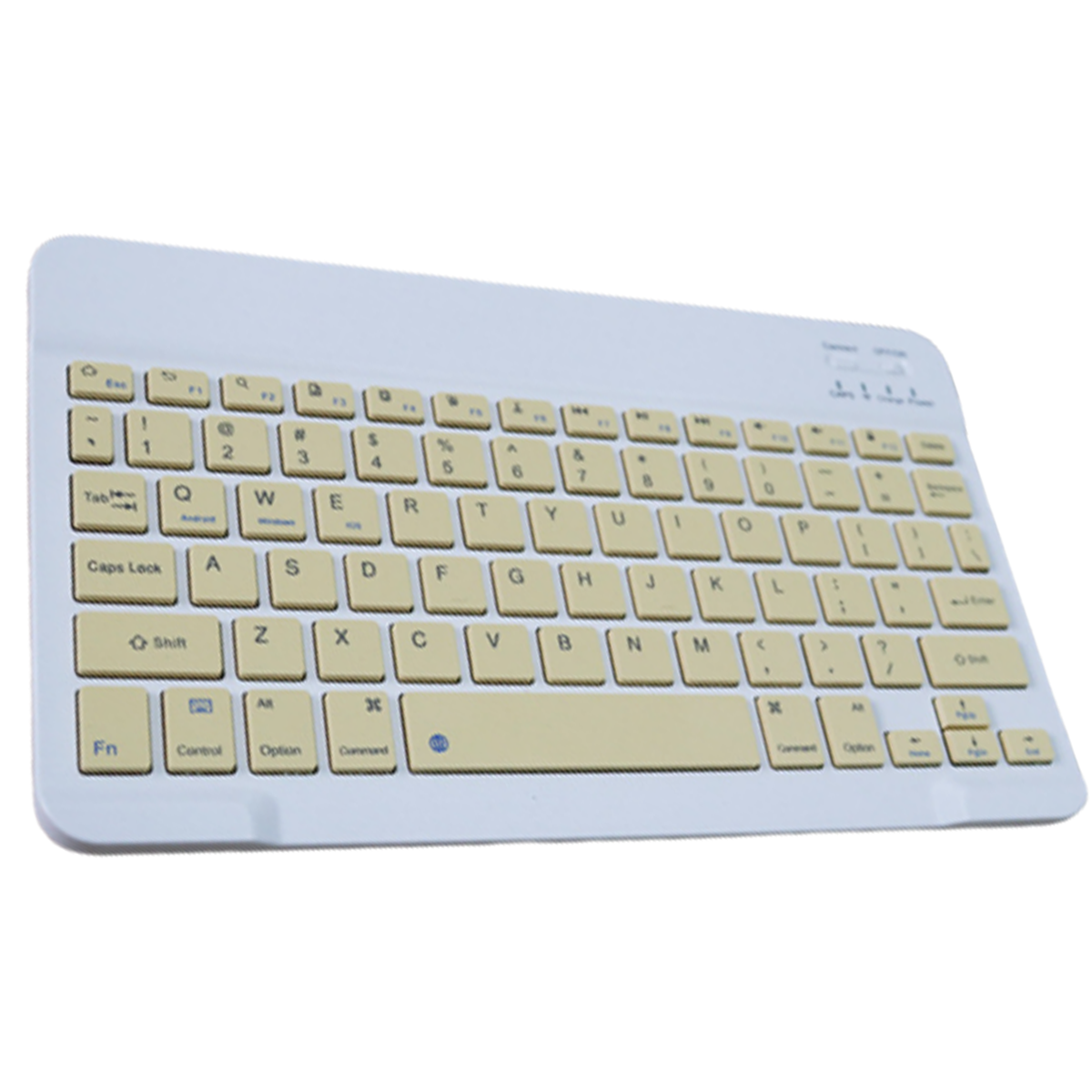 Eine kleine weiße Tastatur mit beigefarbenen Tasten. Die Tasten haben schwarze Buchstaben und Zahlen.