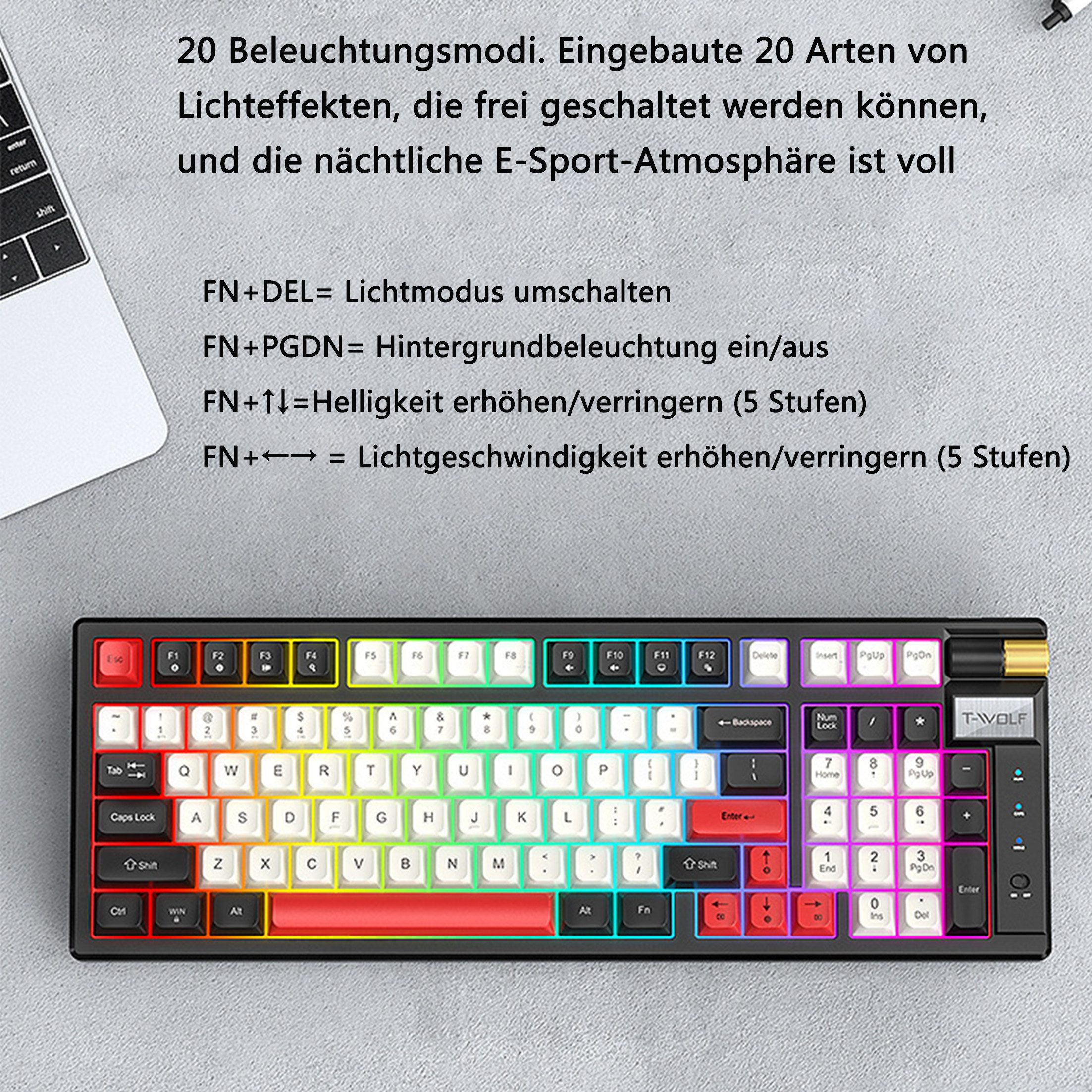 Schwarze Tastatur mit bunten Tasten und Hintergrundbeleuchtung. Hintergrund Text mit Beleuchtungsoptionen.