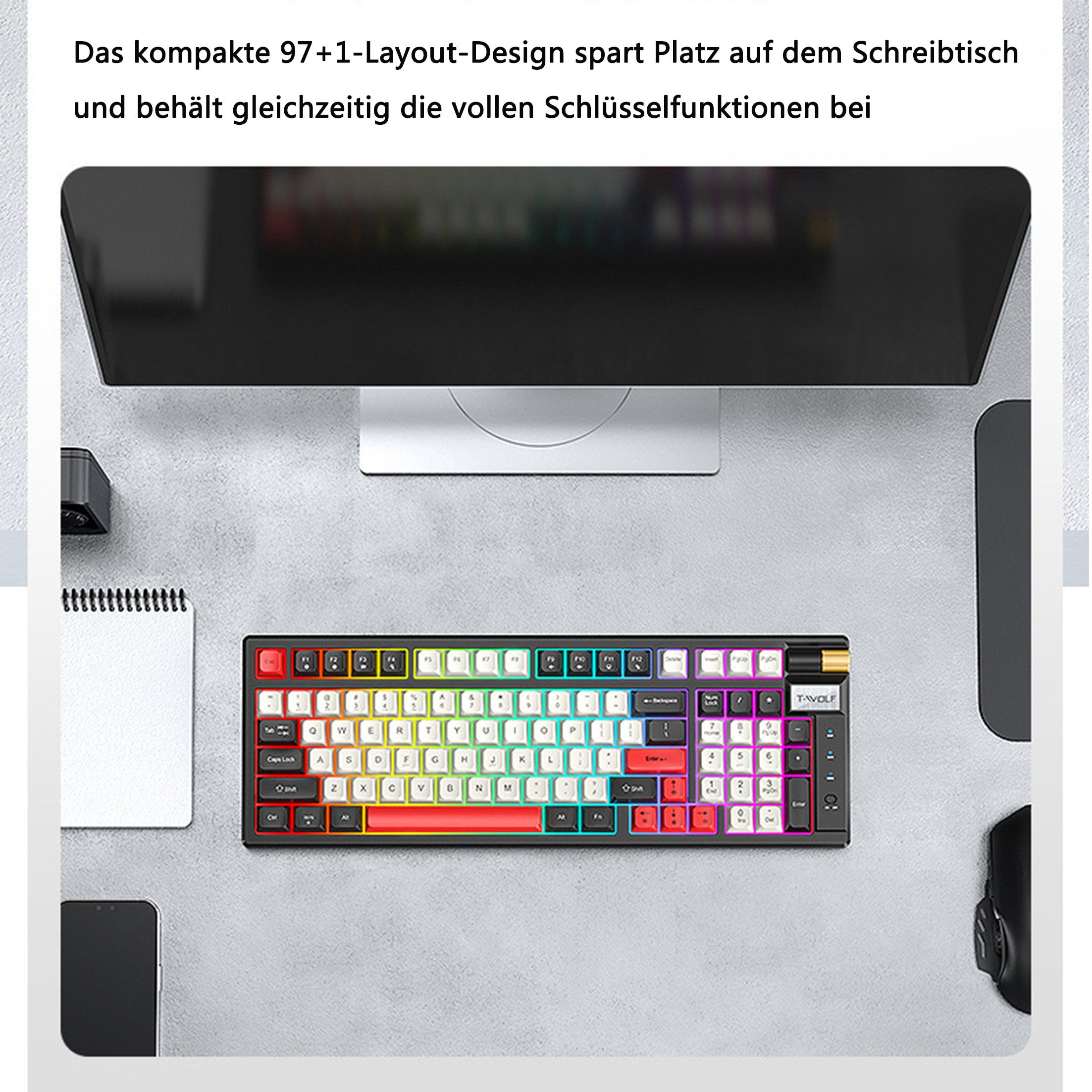 Tastatur mit Regenbogen-Tasten und Computermonitor. Der Text auf Deutsch ist im Hintergrund sichtbar.