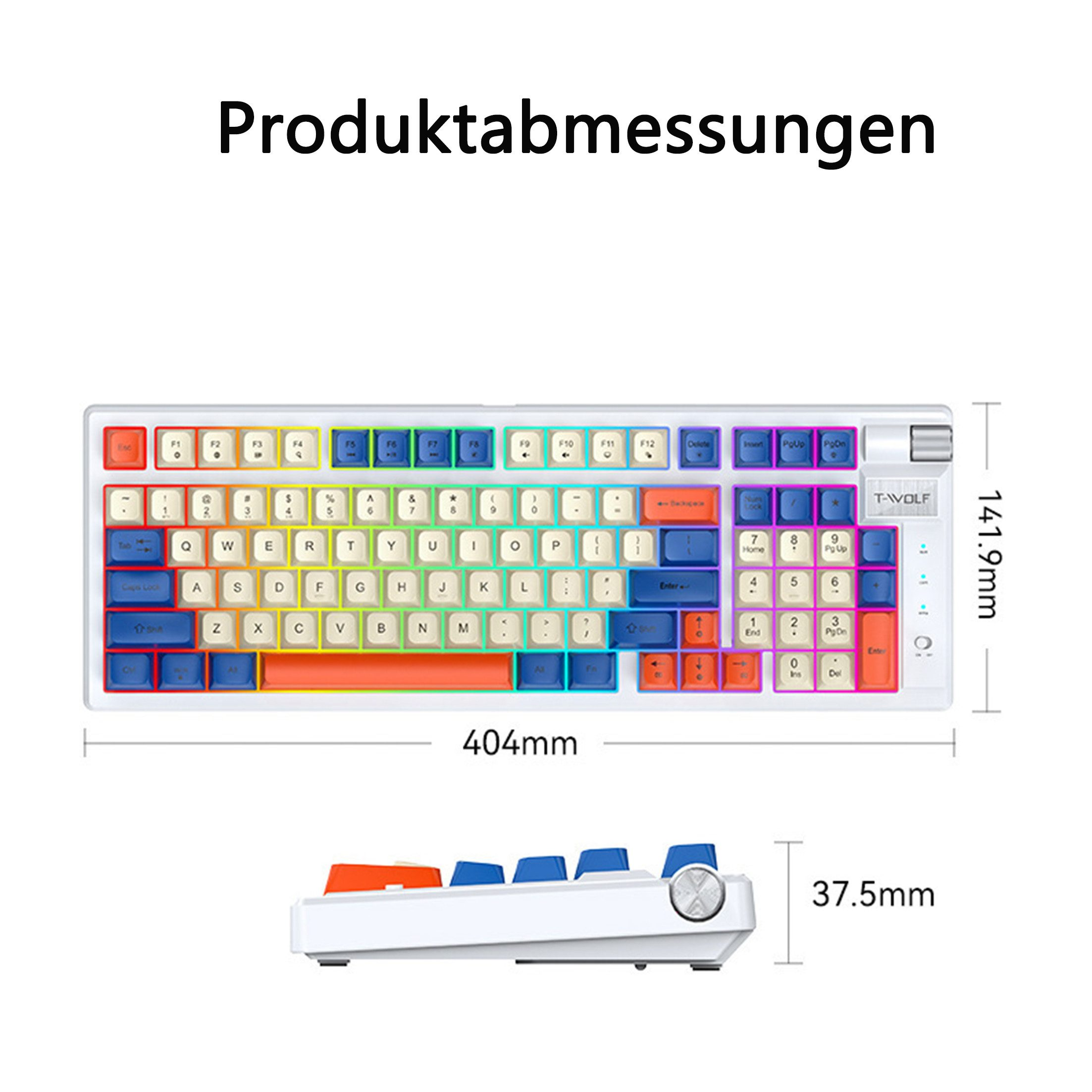 Eine Tastatur mit bunten Tasten wird mit Abmessungen angezeigt. Die Tastatur ist weiß mit weißem Rahmen.