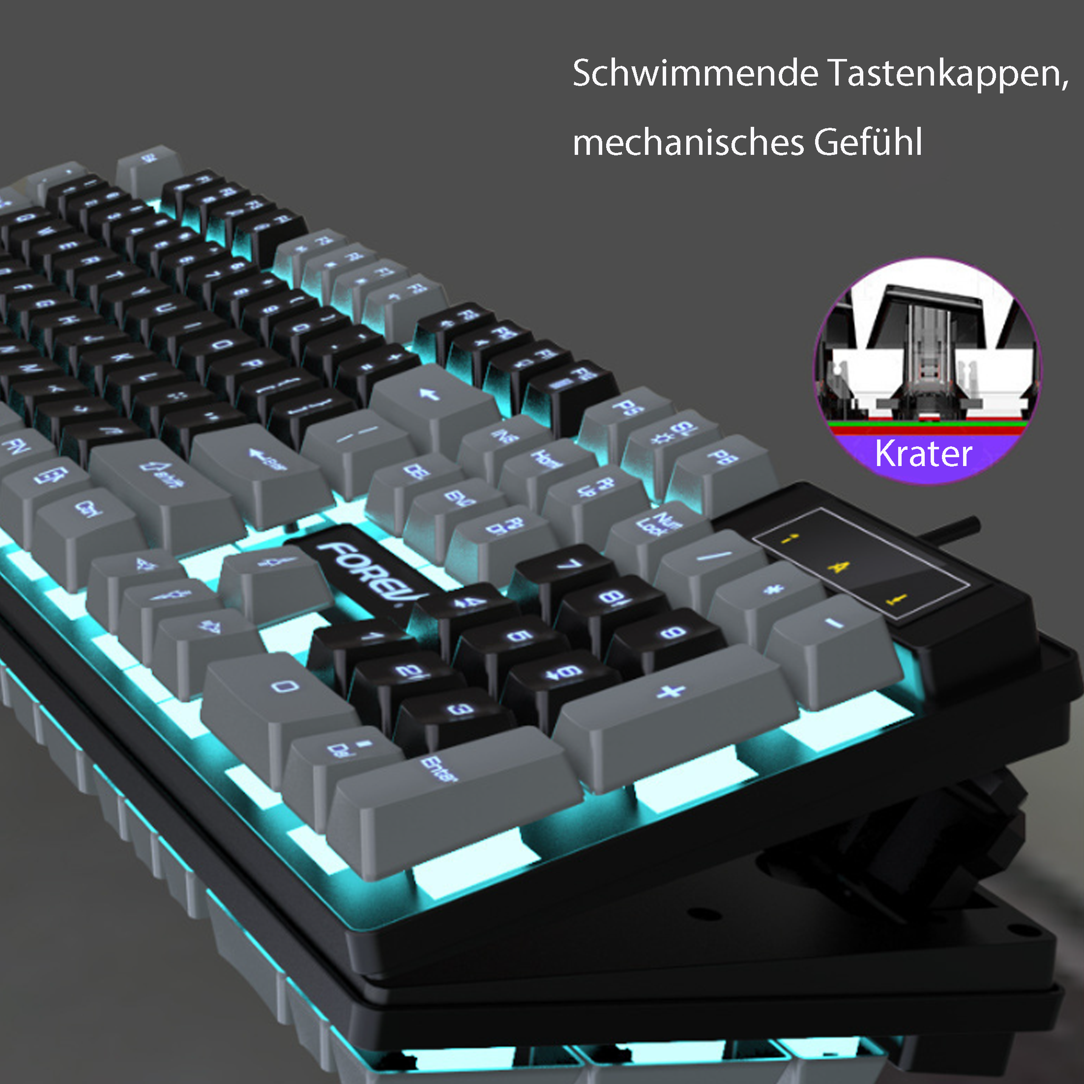 Tastatur mit grauen und schwarzen Tasten, die das mechanische Gefühl zeigen. Der Hintergrund ist dunkel.