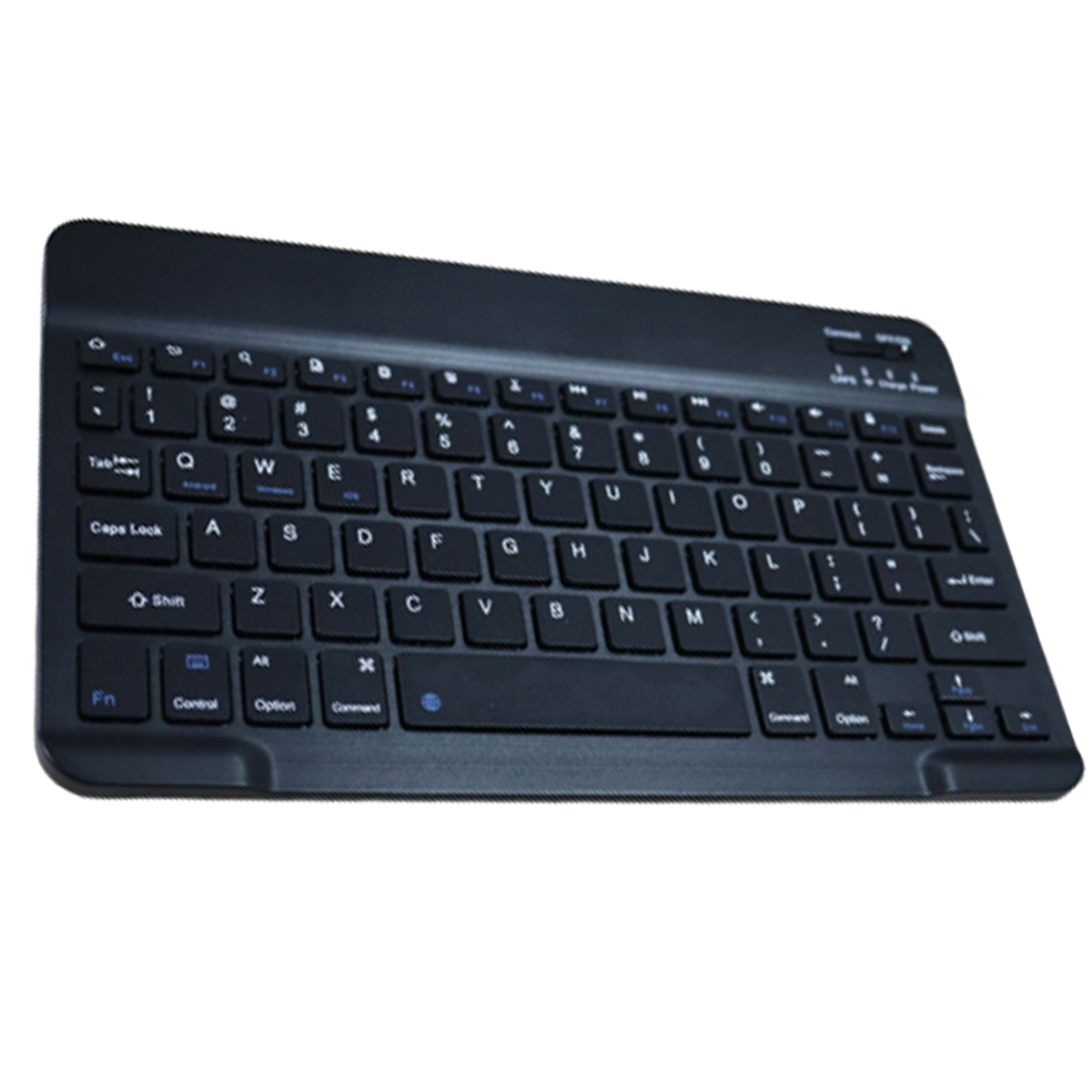 Eine kleine schwarze Tastatur mit blauen Tasten. Die Tasten haben weiße Buchstaben und Zahlen.