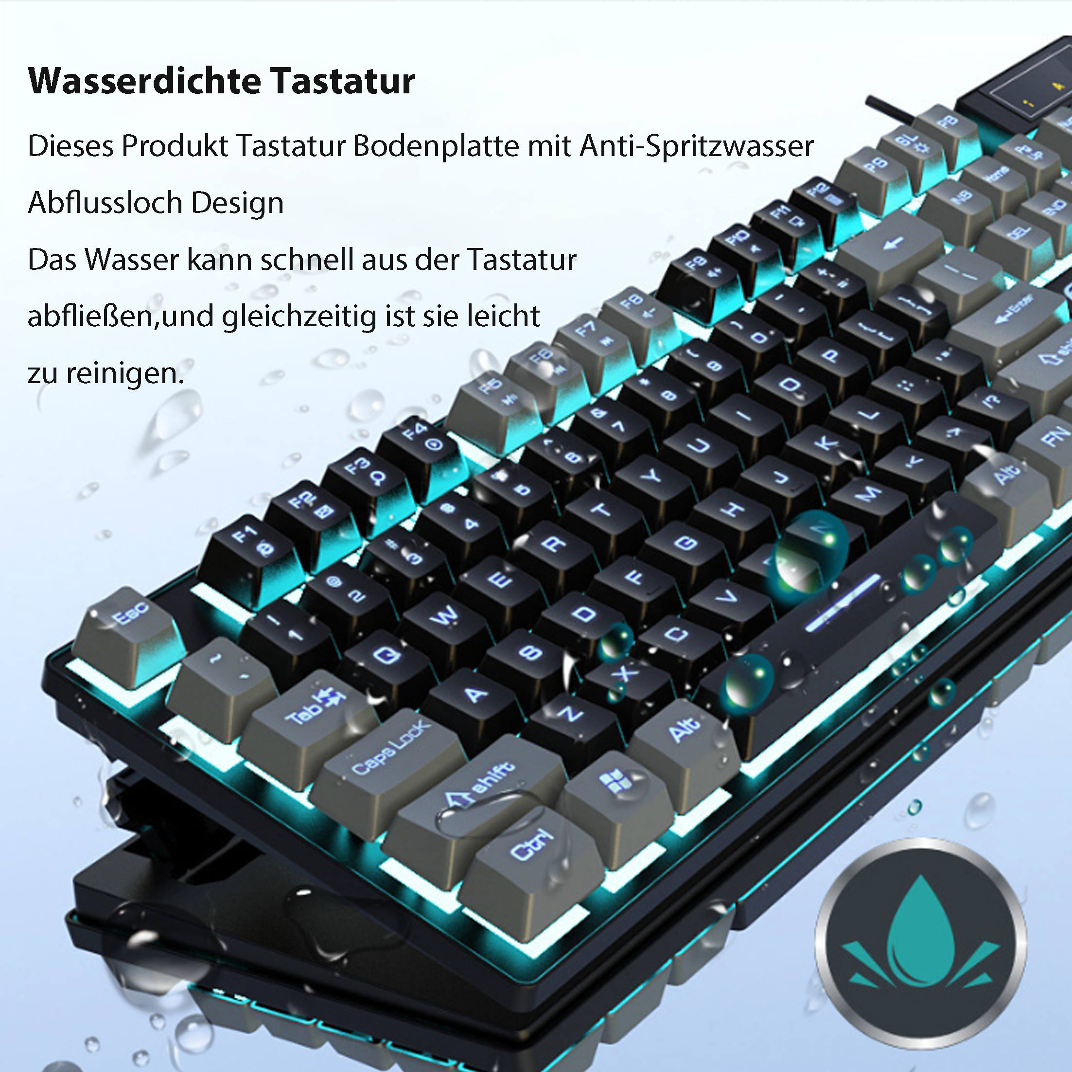 Schwarze Tastatur mit grauen und weißen Tasten. Der Hintergrund ist eine schwarze Oberfläche mit Wassertropfen.