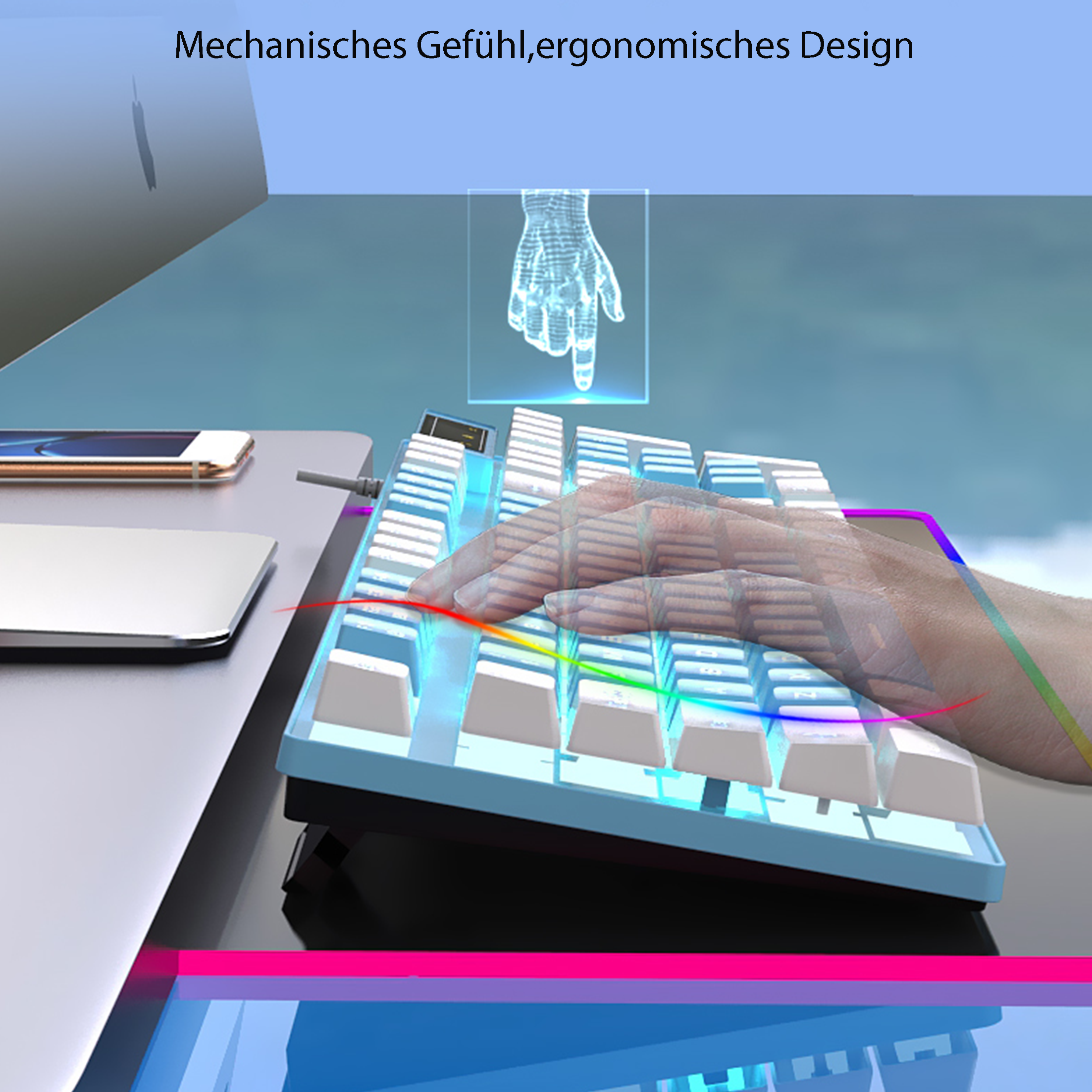 Tastatur mit blauen und weißen Tasten vor einem leuchtenden Bildschirm. Der Hintergrund ist unscharf.