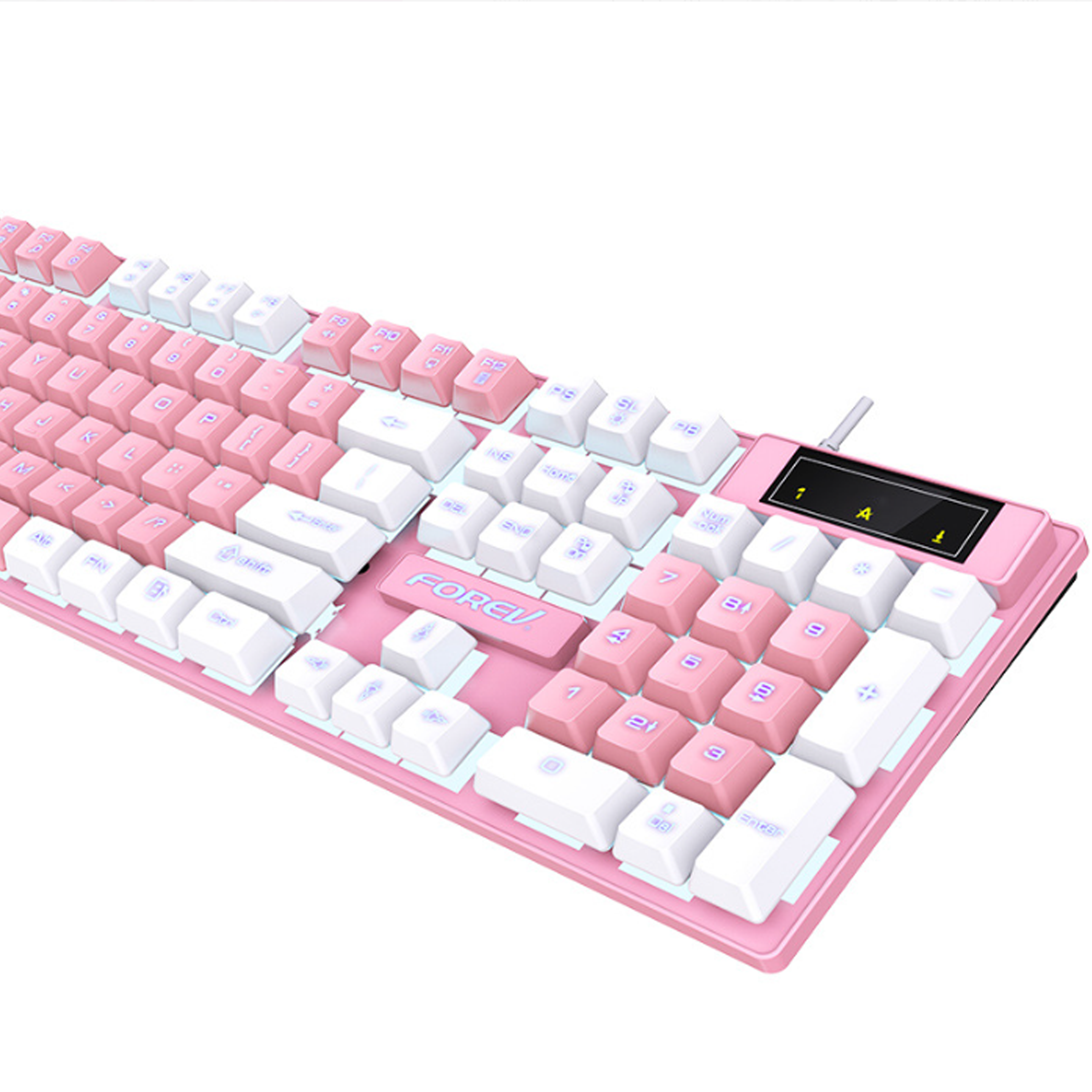 Eine pinkfarbene Tastatur mit weißen Tasten wird gezeigt. Ein digitales Display ist rechts sichtbar.