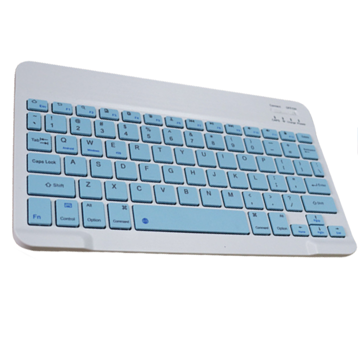 Eine weiße Tastatur mit blauen Tasten, perfekt für ein Tablet, liegt auf weißem Untergrund.