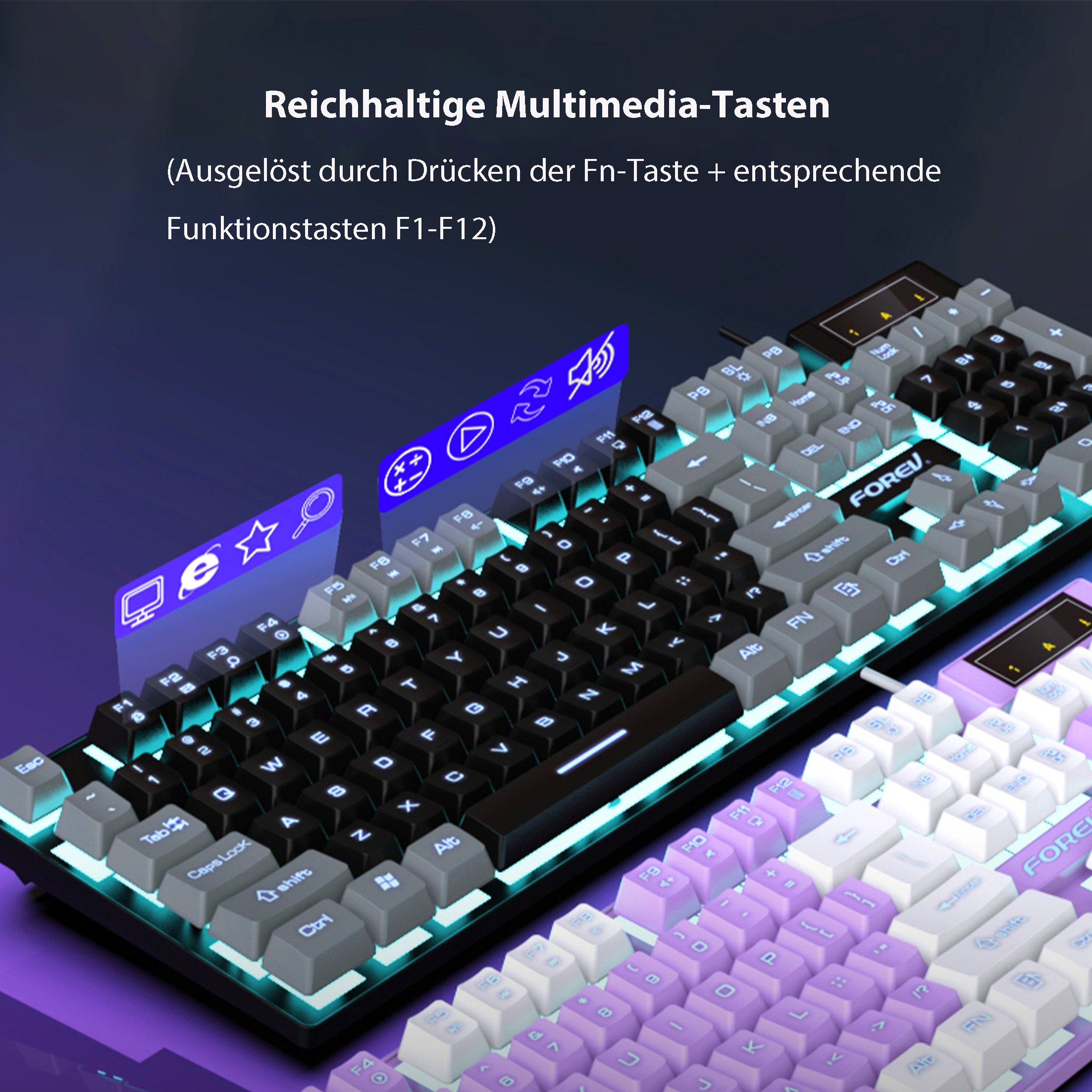 Zwei mechanische Tastaturen. Eine ist schwarz mit weißen, grauen Tasten, die andere lila mit weißen Tasten. Beide sind beleuchtet.