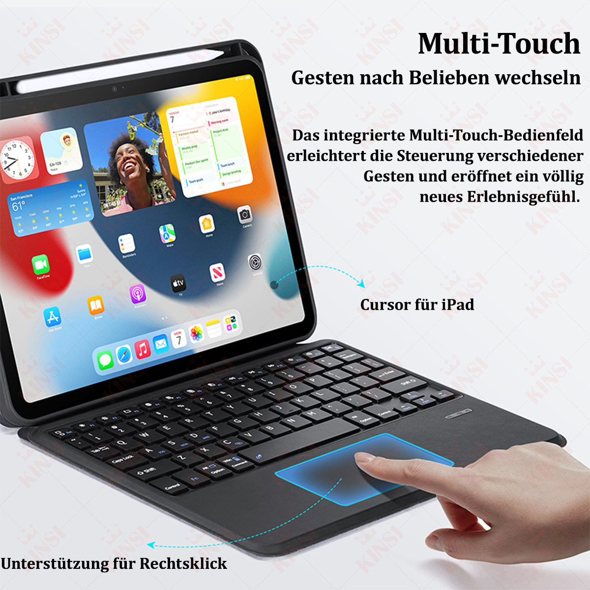 Tablet z klawiaturą i panelem dotykowym. Ekran wyświetla interfejs. Widoczny tekst w języku niemieckim.