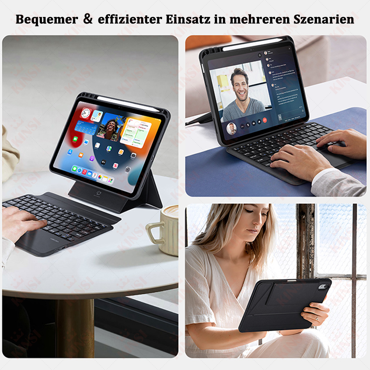 Trzy obrazy przedstawiają iPada z etui z klawiaturą. Jeden na stole, jeden z rozmową wideo i jeden trzymany przez kobietę.