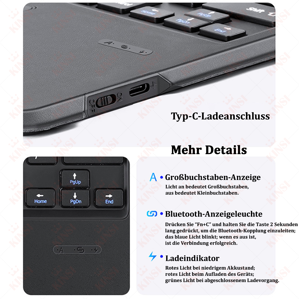 Nahaufnahme einer schwarzen Tastaturhülle mit Ladeanschluss und weiteren Details.