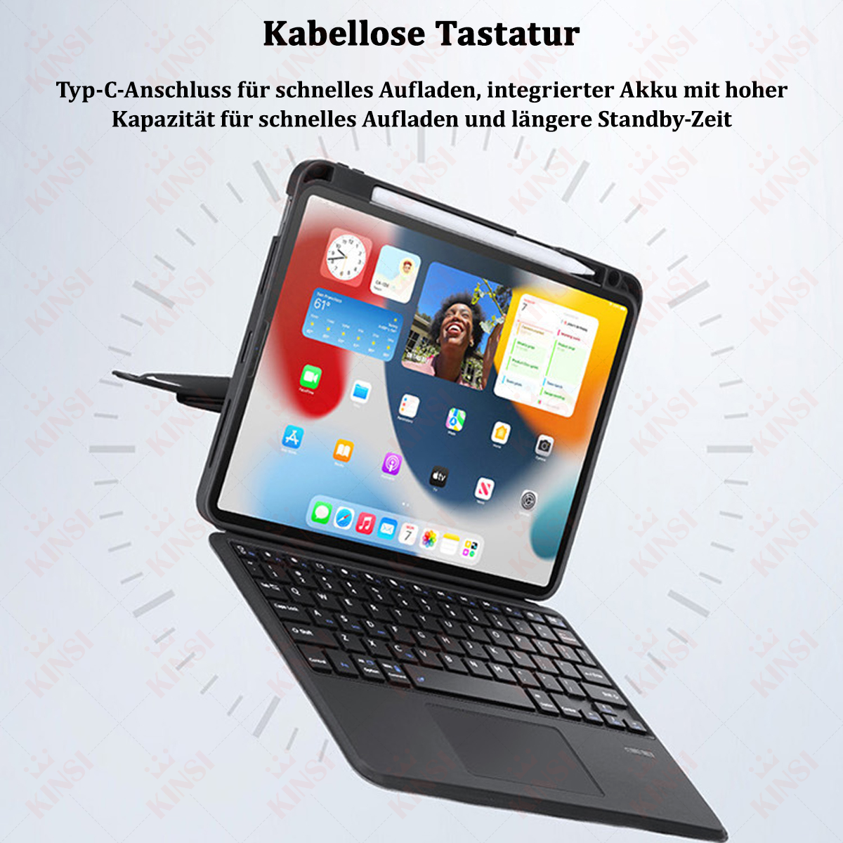 iPad z etui z klawiaturą jest otwarty i ustawiony pod kątem, pokazując ekran i klawiaturę.