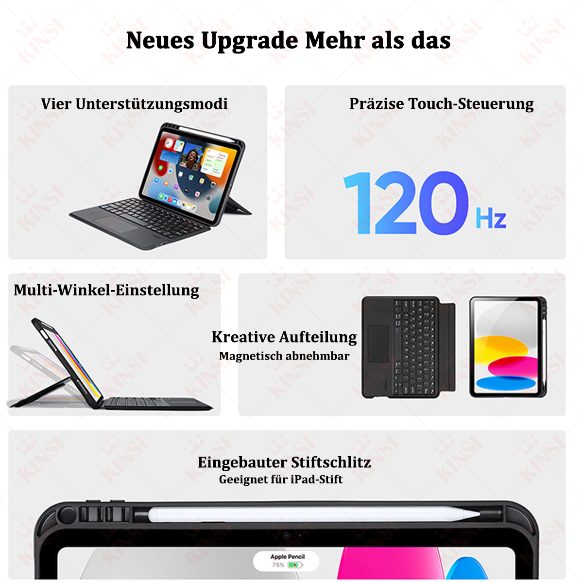 Reklama przedstawia iPada z etui z klawiaturą. Funkcje obejmują tryby wsparcia, sterowanie dotykowe, wielokątność i gniazdo na pióro.